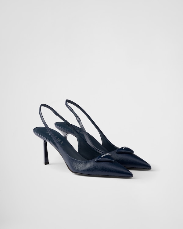 Royal Blue Saffiano Patent Leather Slingback Pumps | PRADA