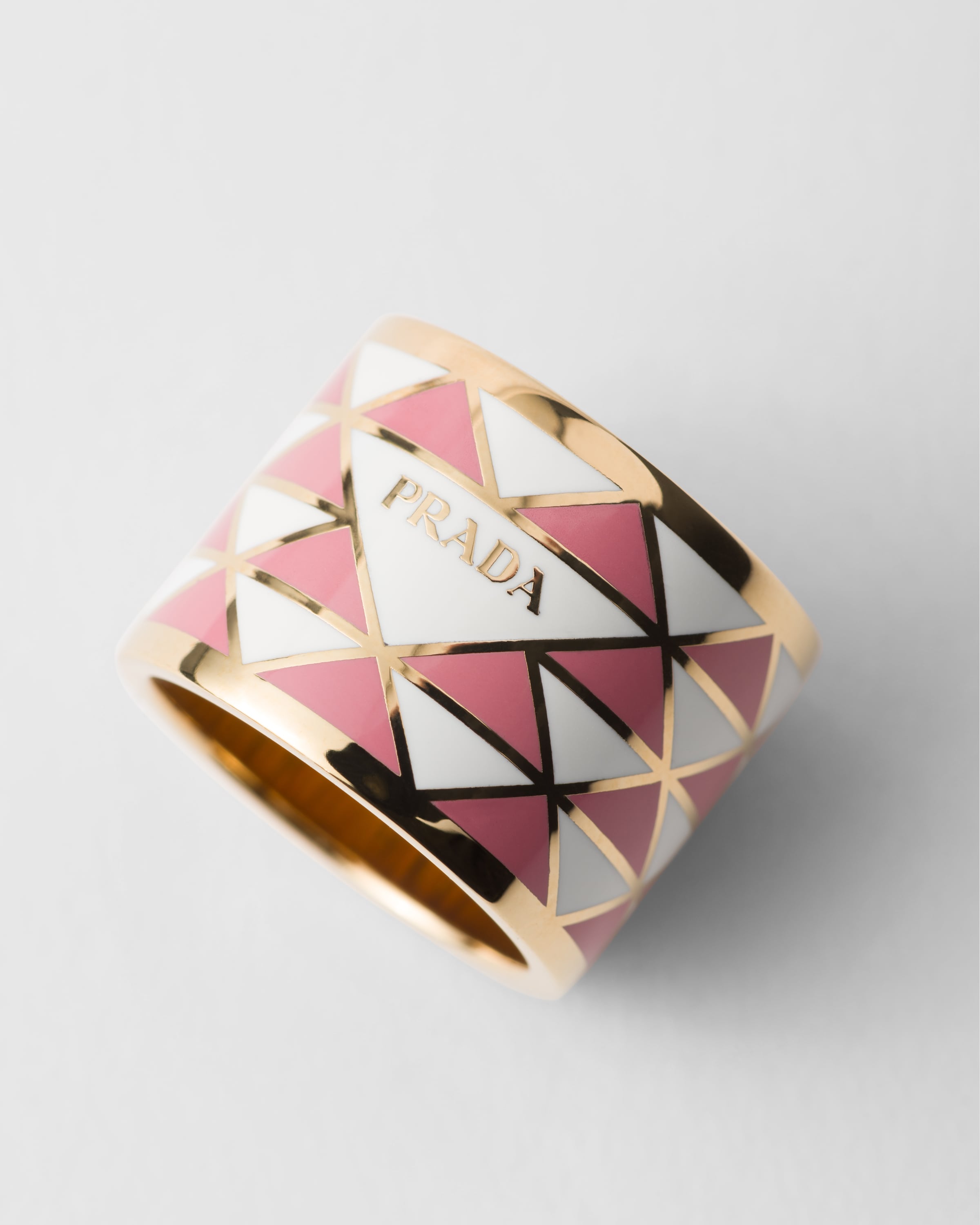 Prada Enamel Triangle Ring In White/petalwood