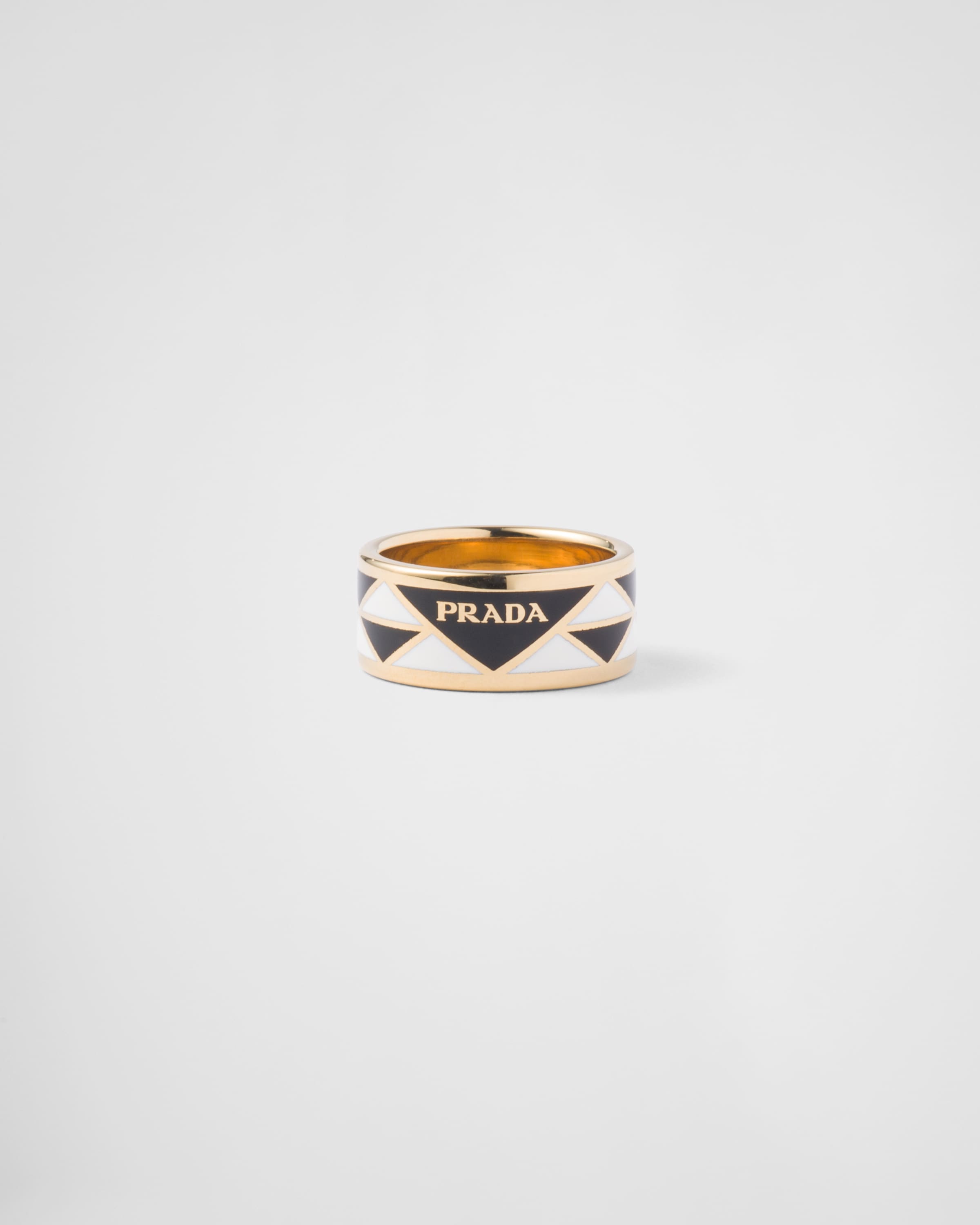 Prada Triangle-logo Enamel Ring In Black/white