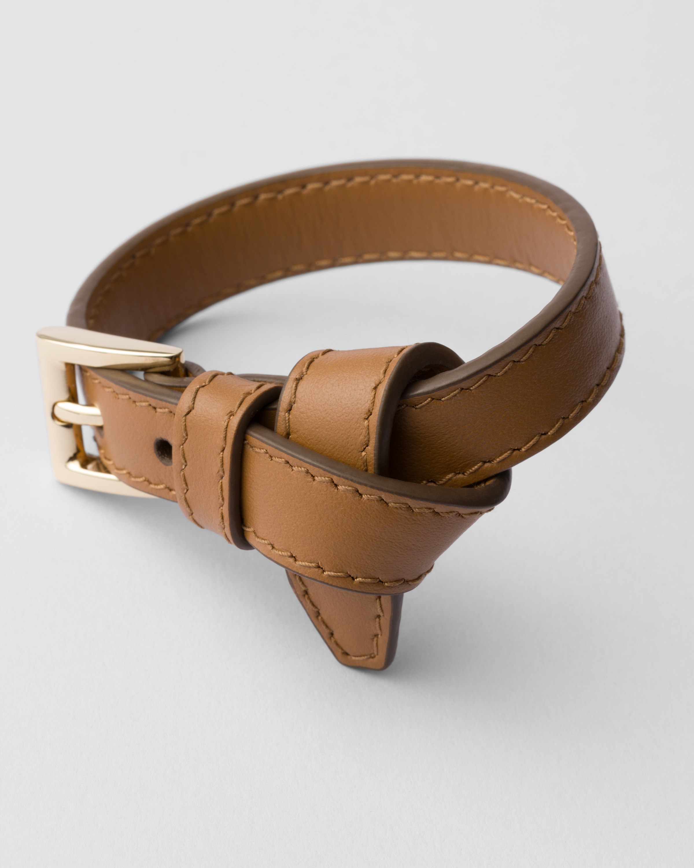 Prada Women Saffiano Leather Belt With Enameled Triangle Logo In Karamell