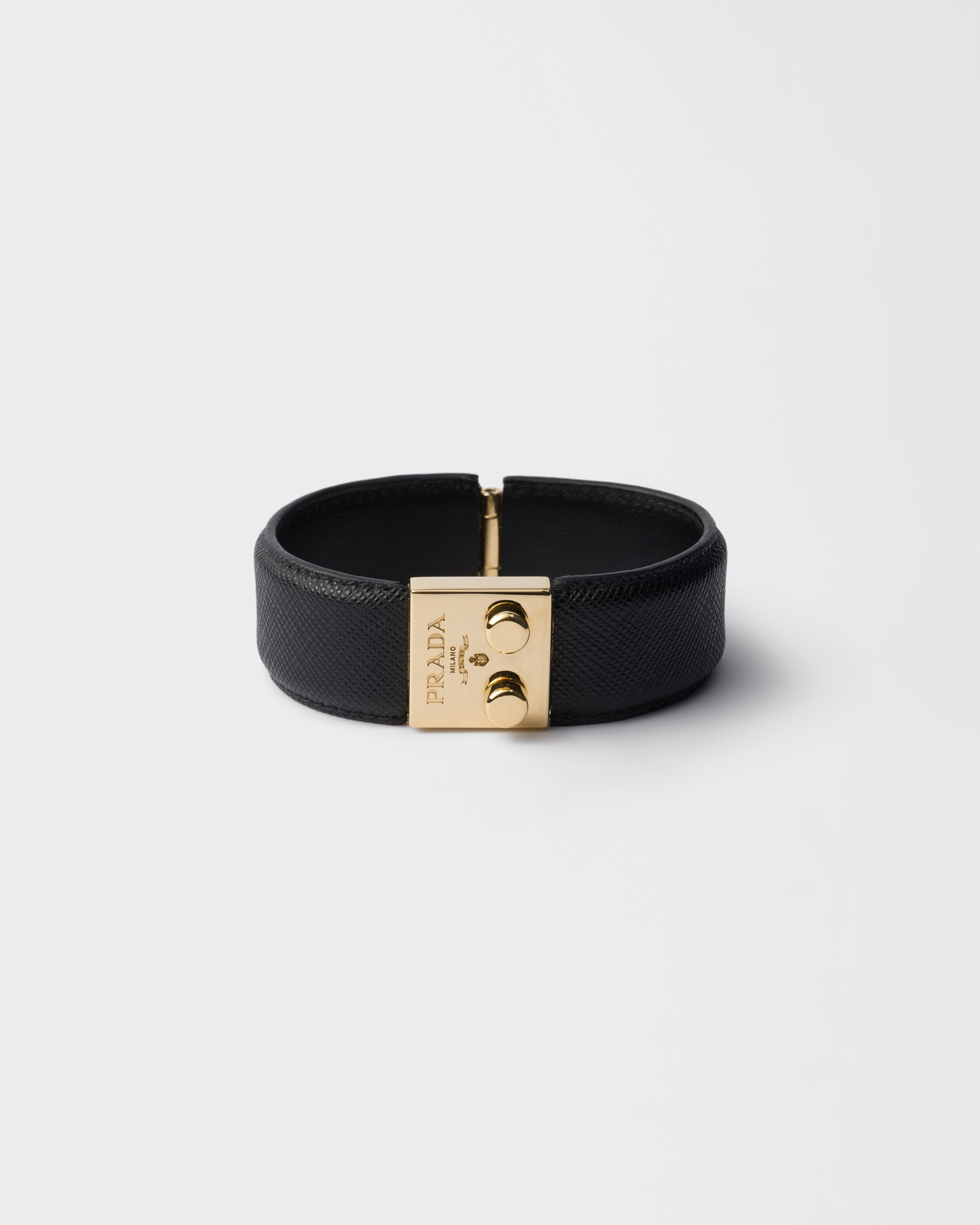 Prada Metal And Saffiano Leather Bracelet, Woman, Black, Size M