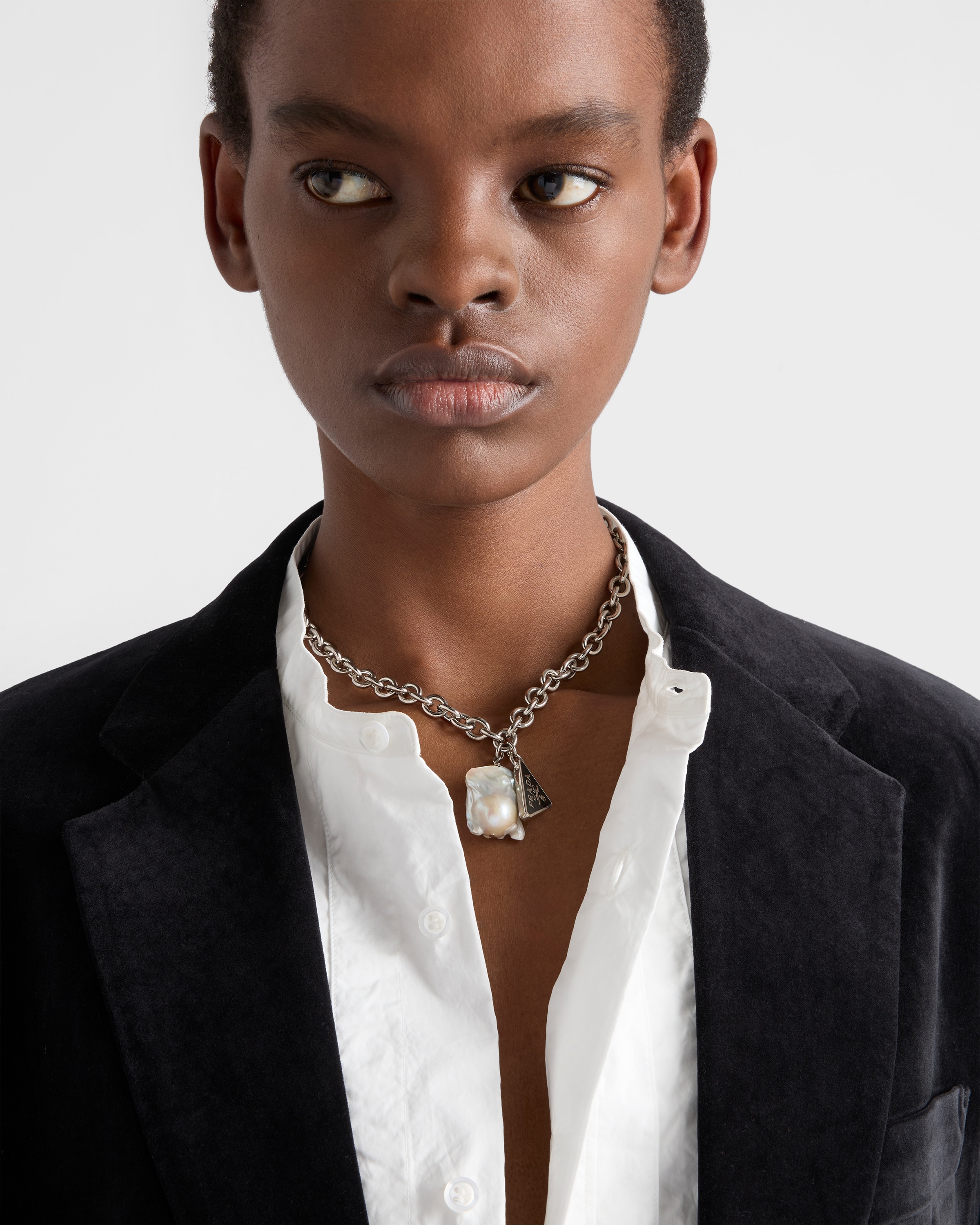 Steel/Pearl Metal necklace with pearl | PRADA
