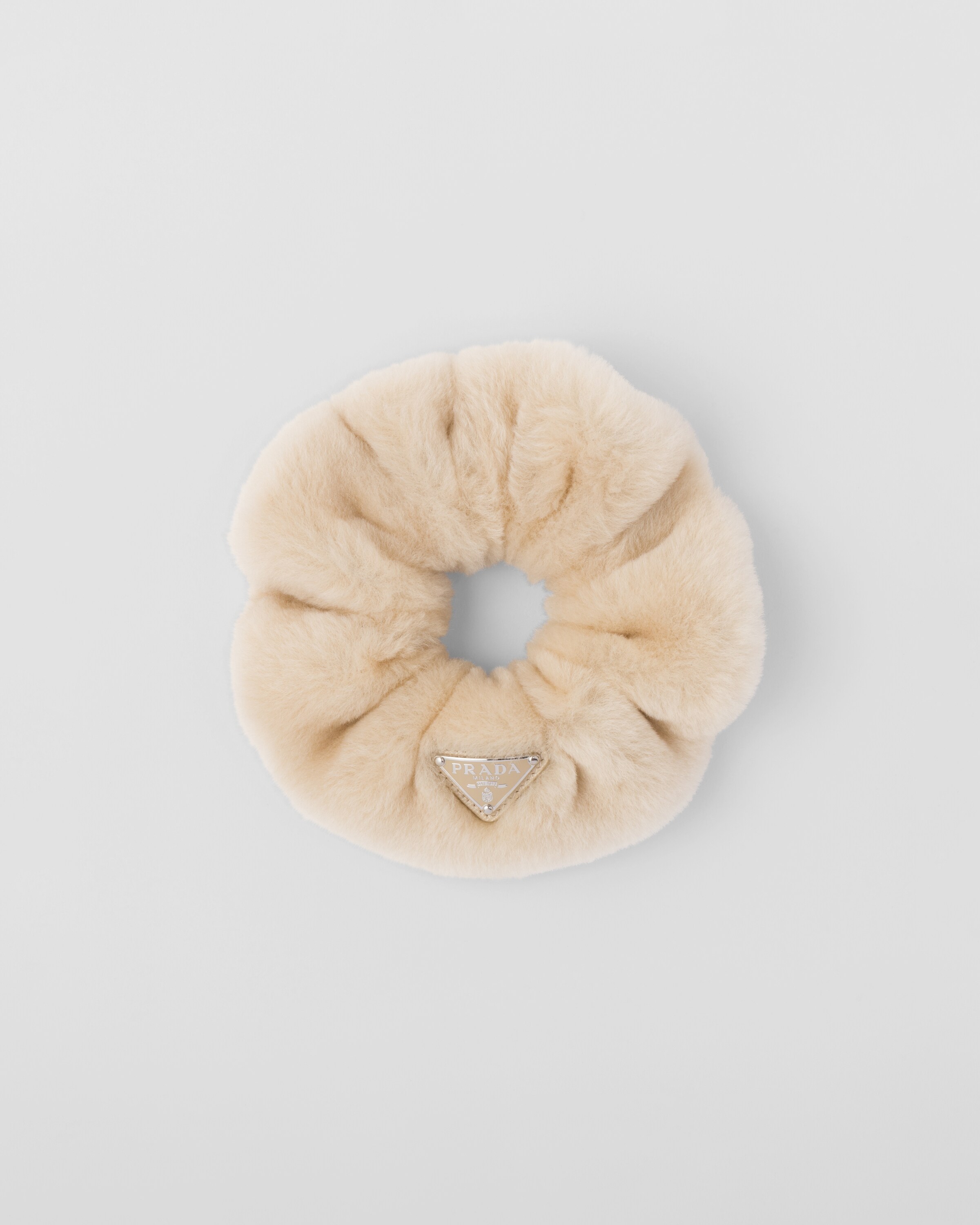 Prada Triangle-logo Hair Scrunchie In Beige
