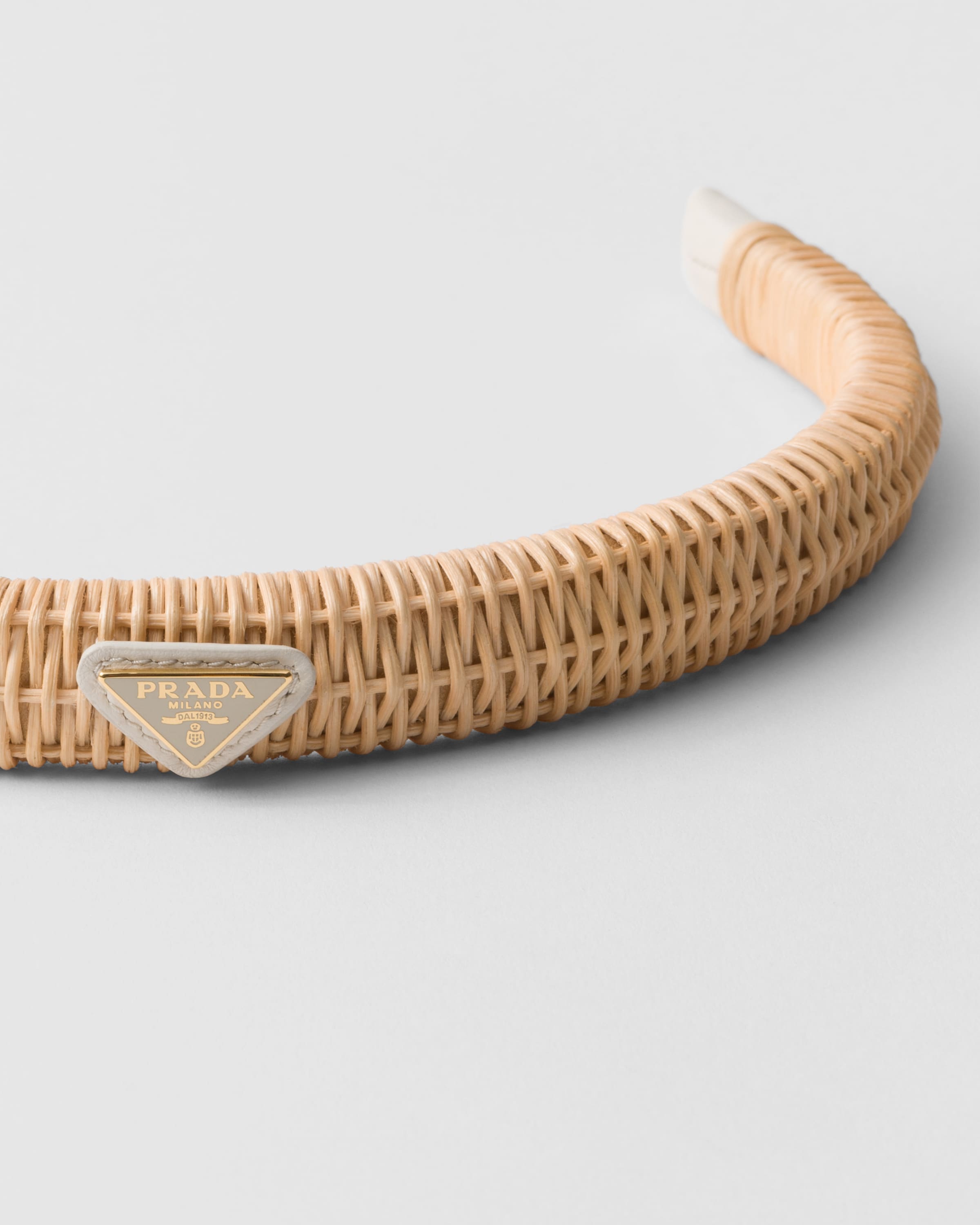 Prada Triangle-logo Interwoven Headband In Tan/white