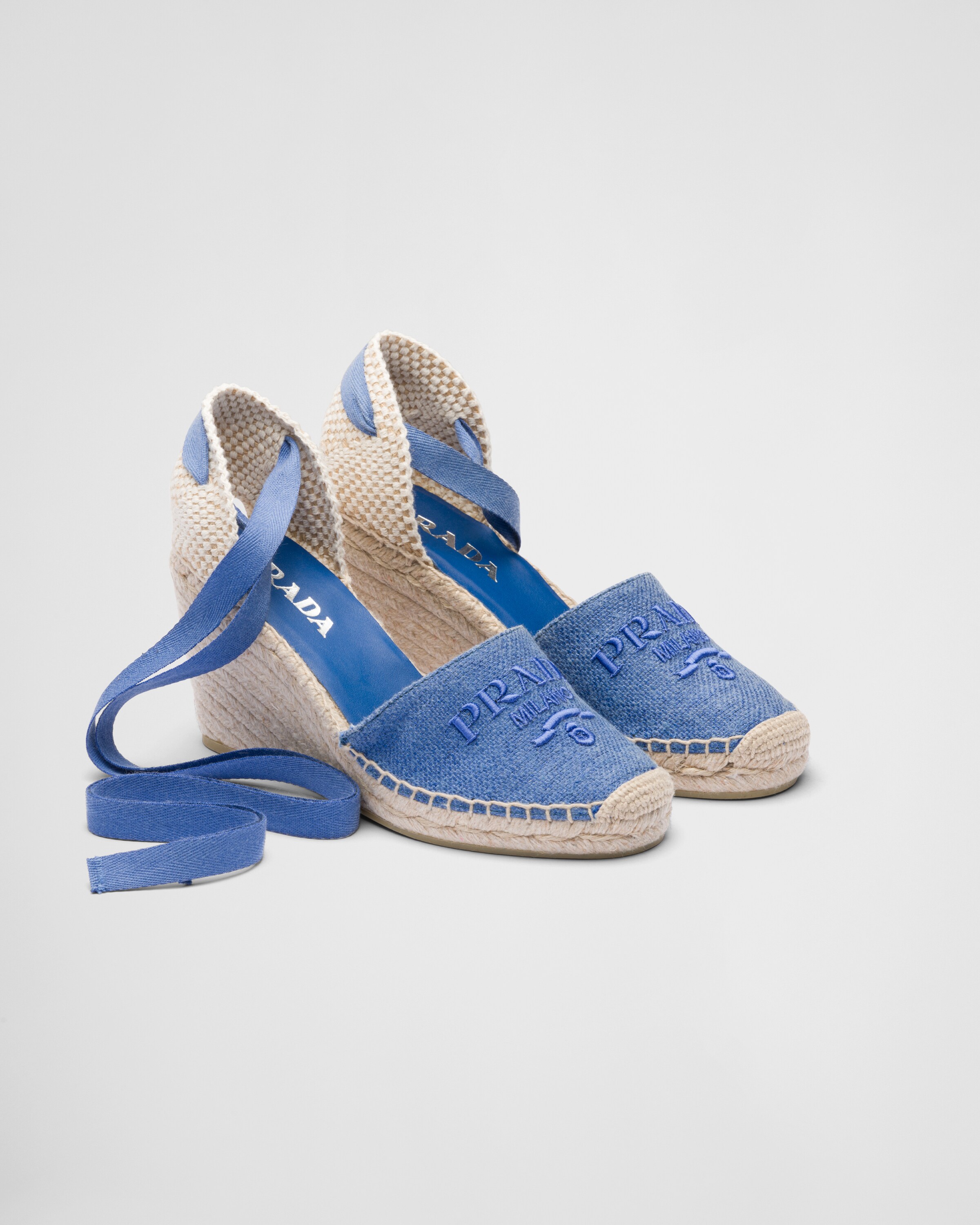 Sapphire Blue Linen espadrille wedge sandals | Prada