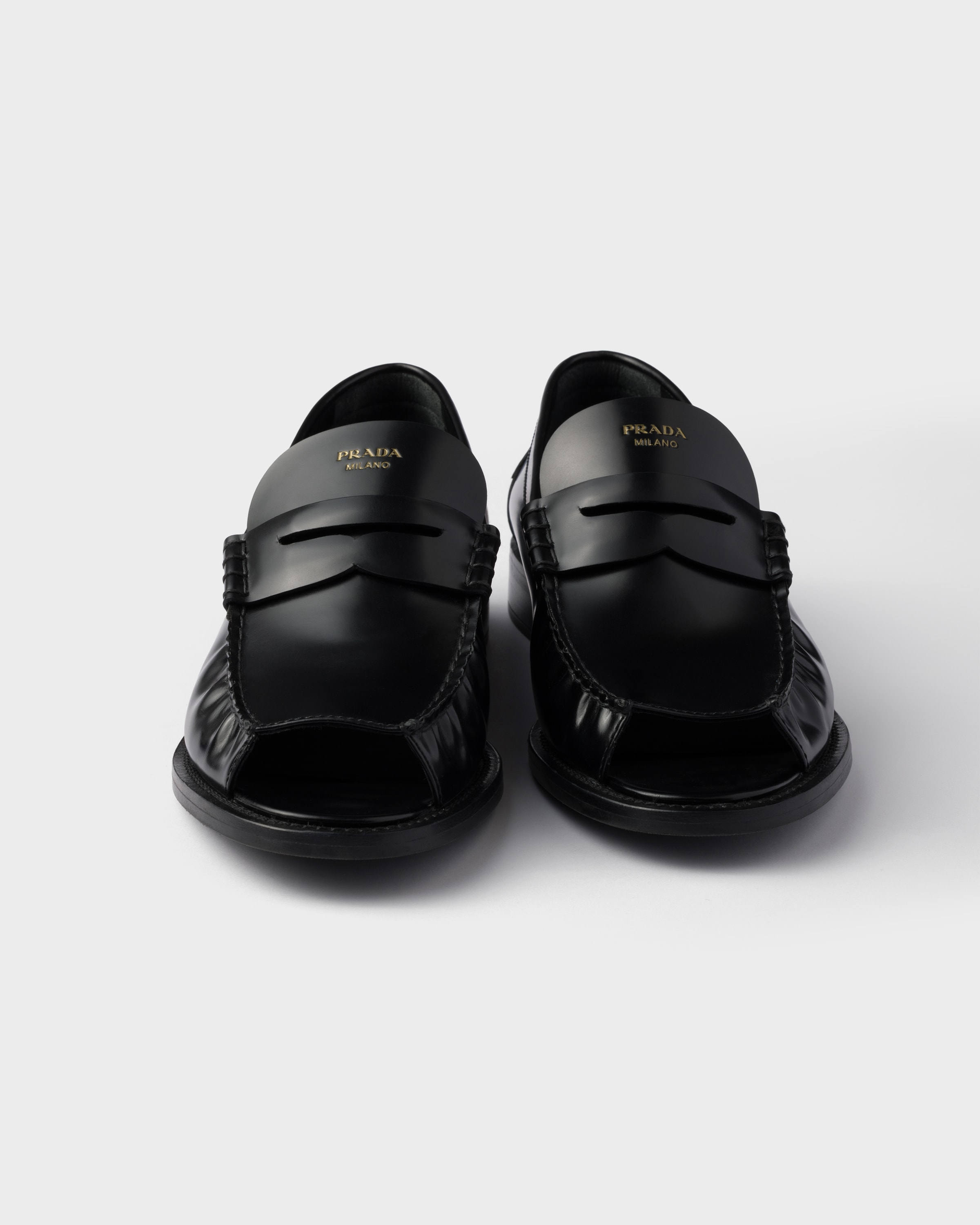 lucyPRADAローファー Black Brushed leather peep-toe loafers | PRADA