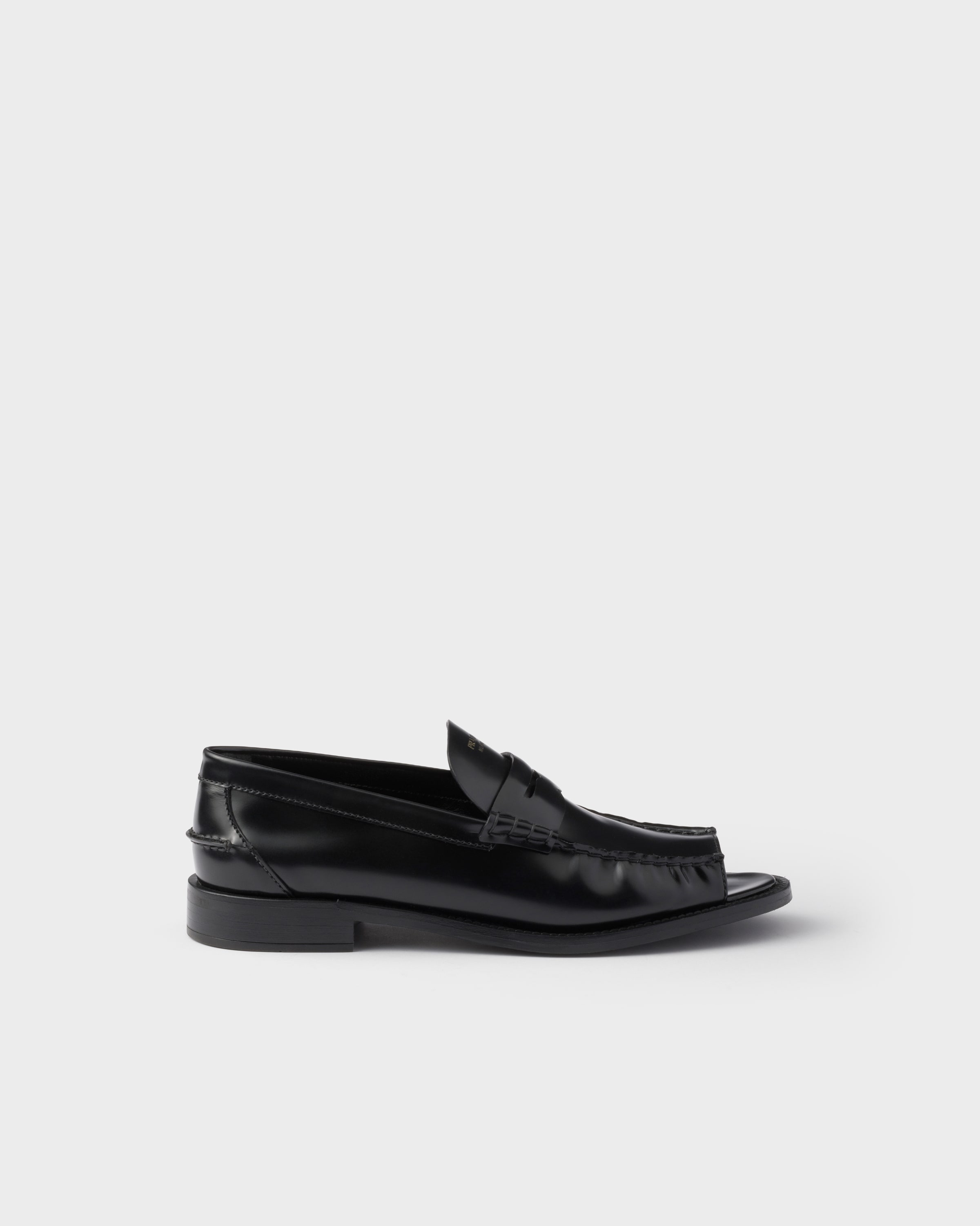 Prada Brushed Leather Peep-toe Loafers In Black