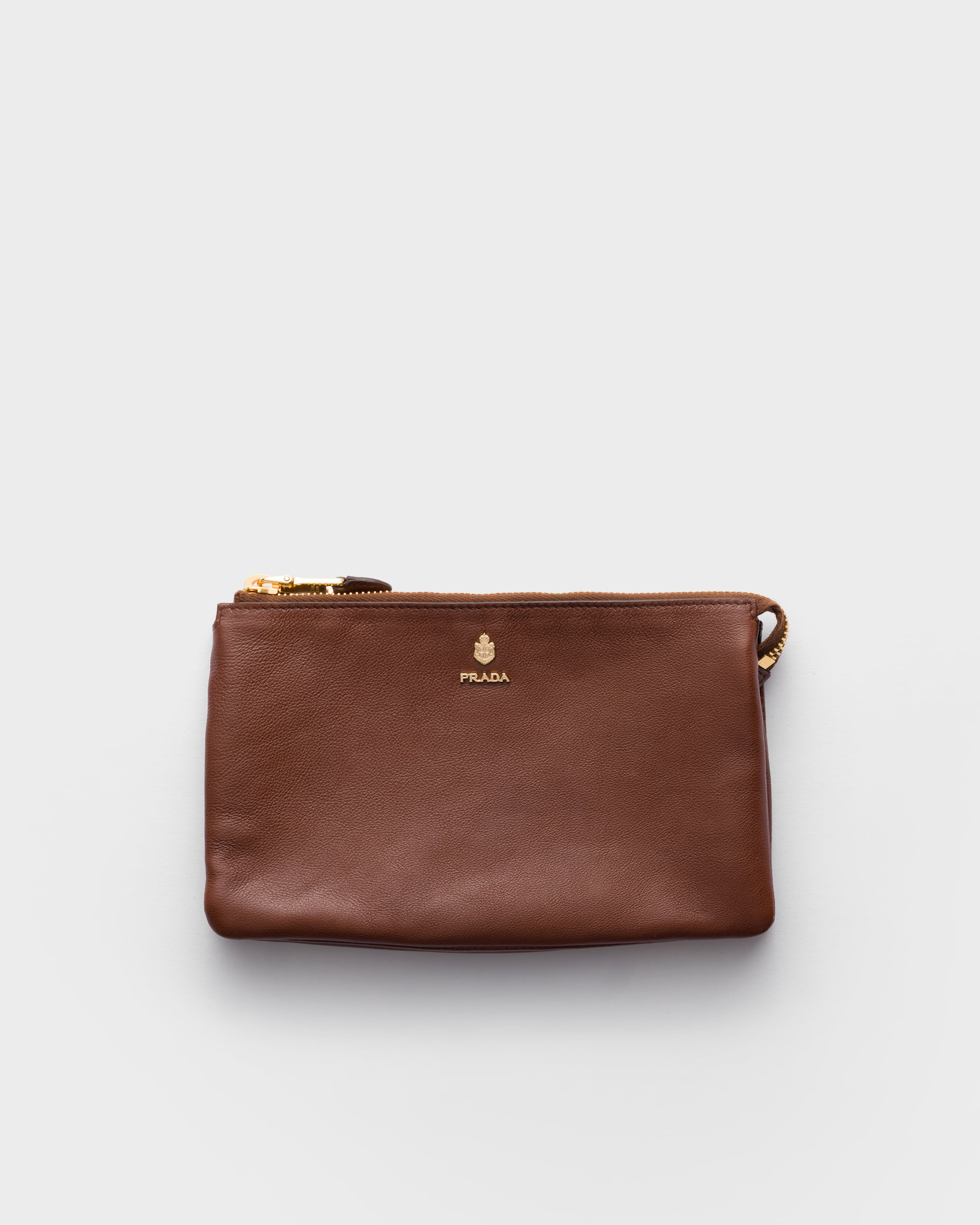 Chestnut Brown Leather Zipper Pouch | PRADA