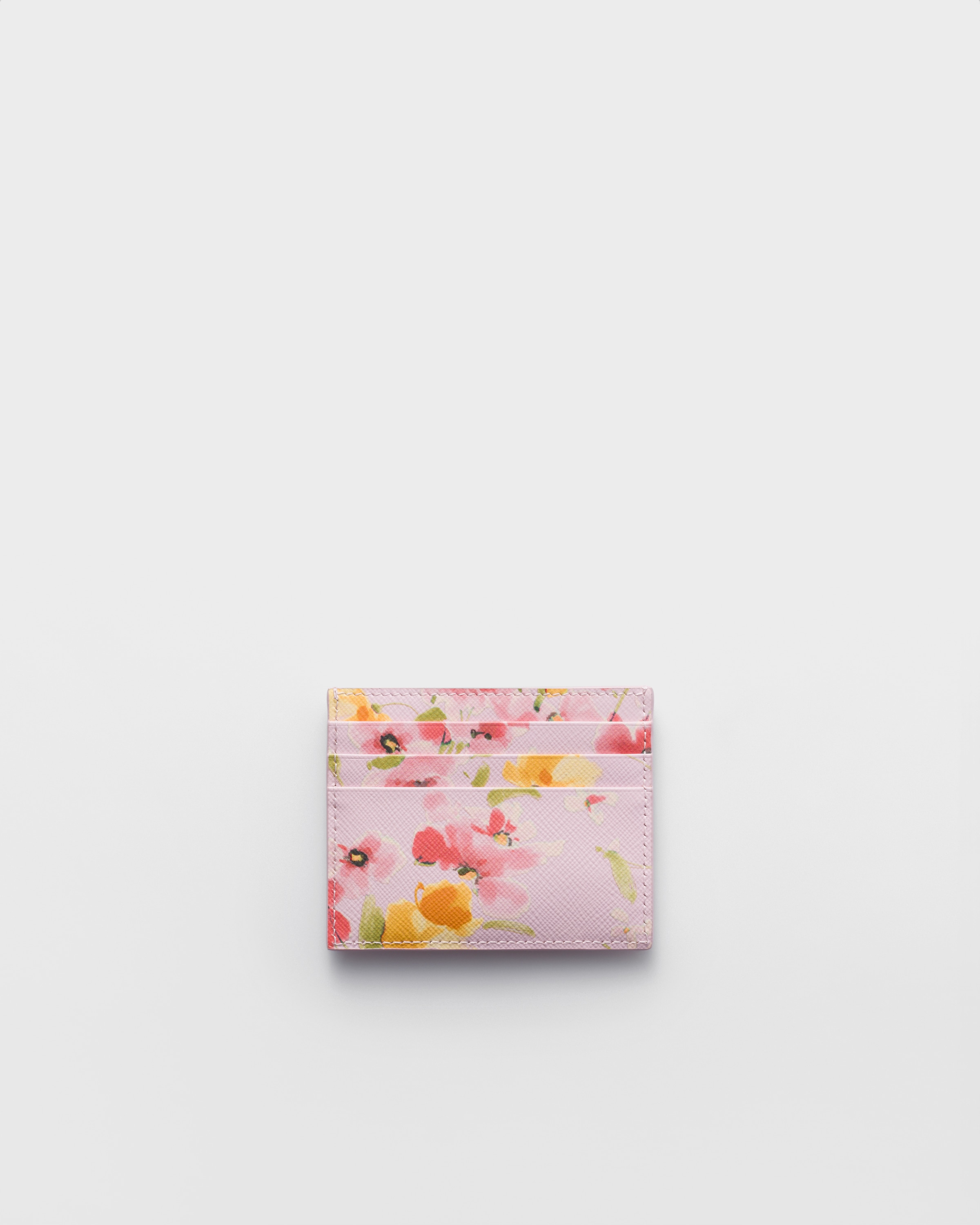 Alabaster Pink Floral-print Saffiano Leather Card Holder | PRADA