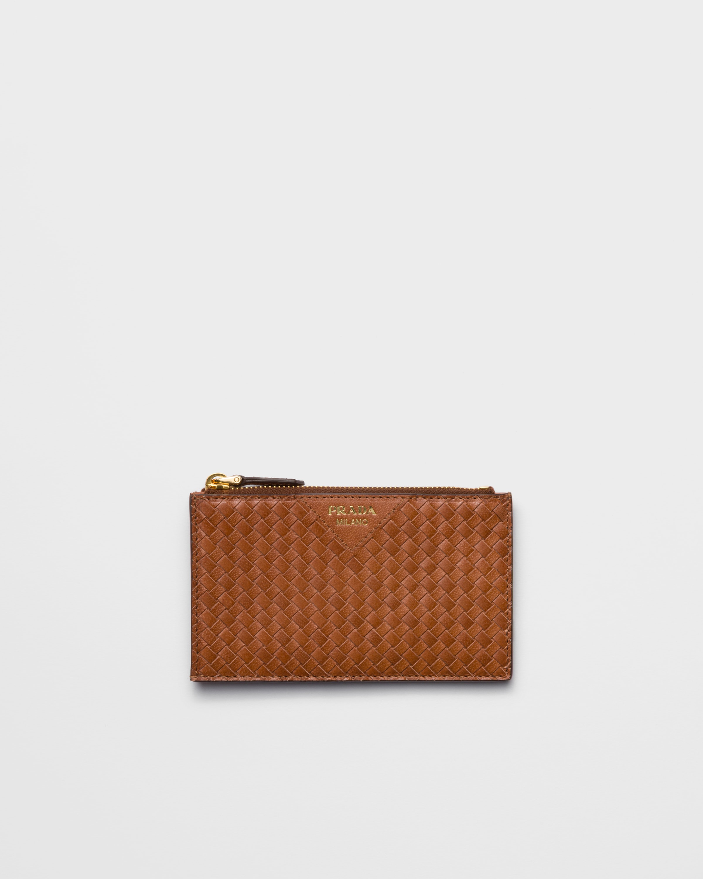 Cognac Woven madras leather card holder | PRADA - Luxembourg