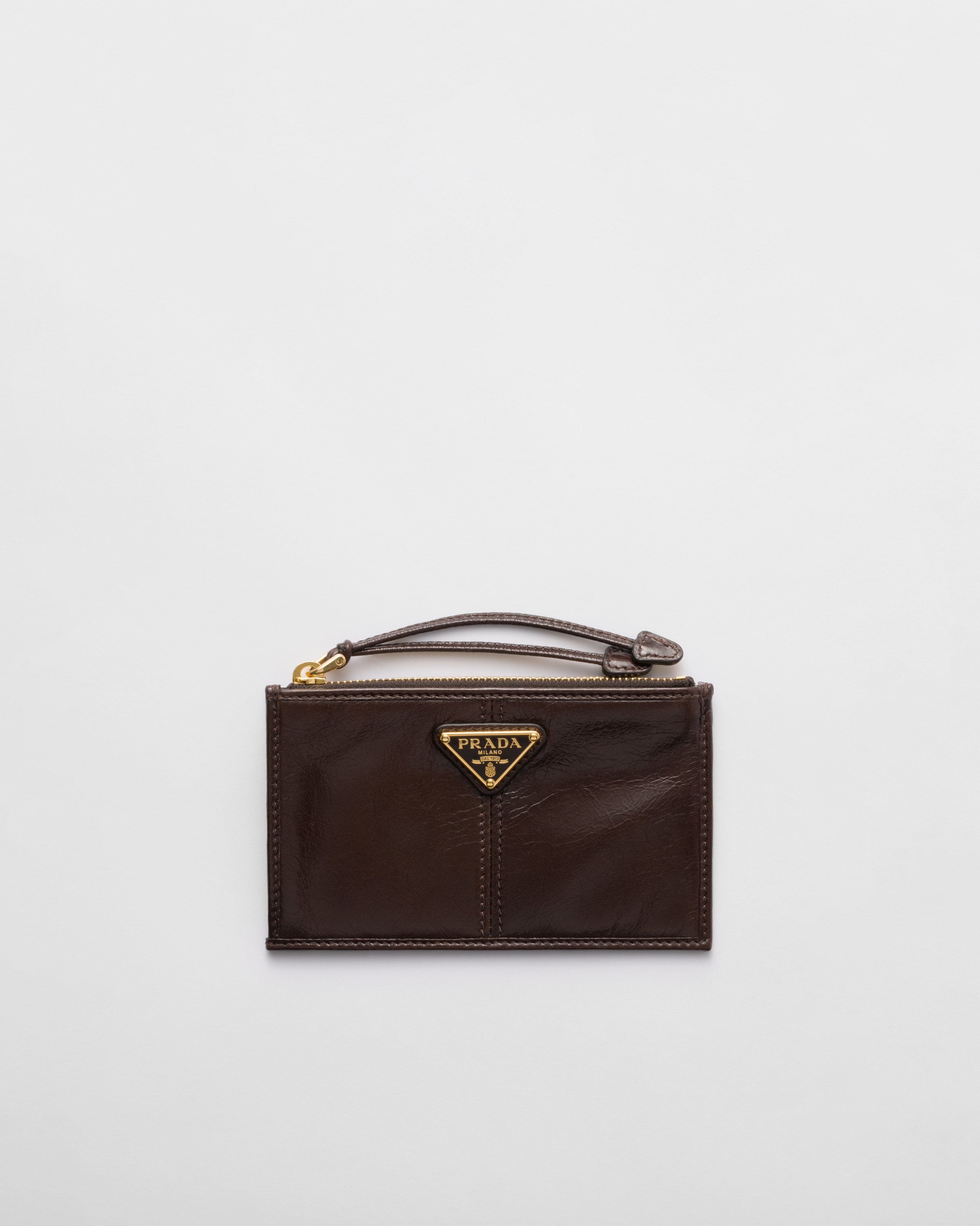 ダークブラウン ファスナー付レザーカードケース | PRADA