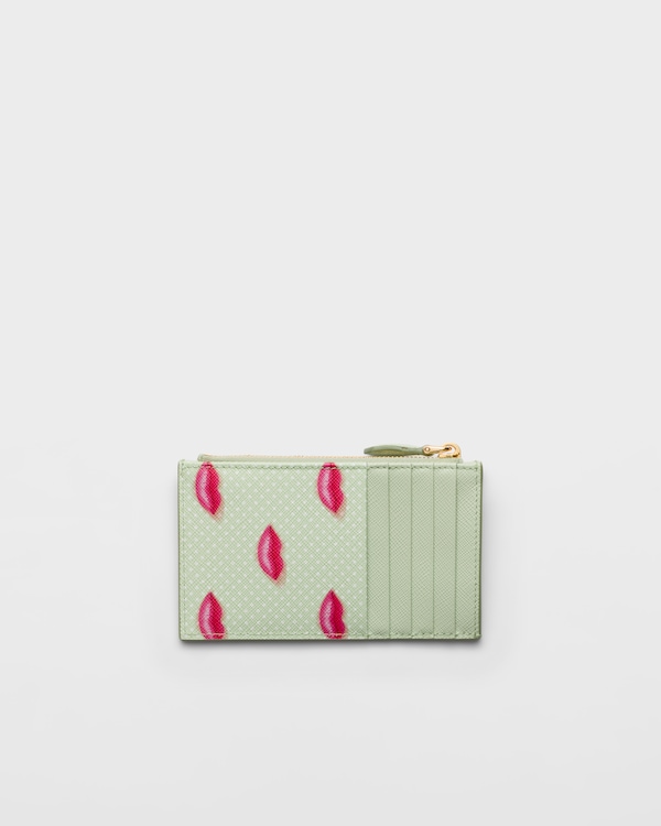 Printed Saffiano leather card holder - Aqua Printed Saffiano leather card holder - Aqua