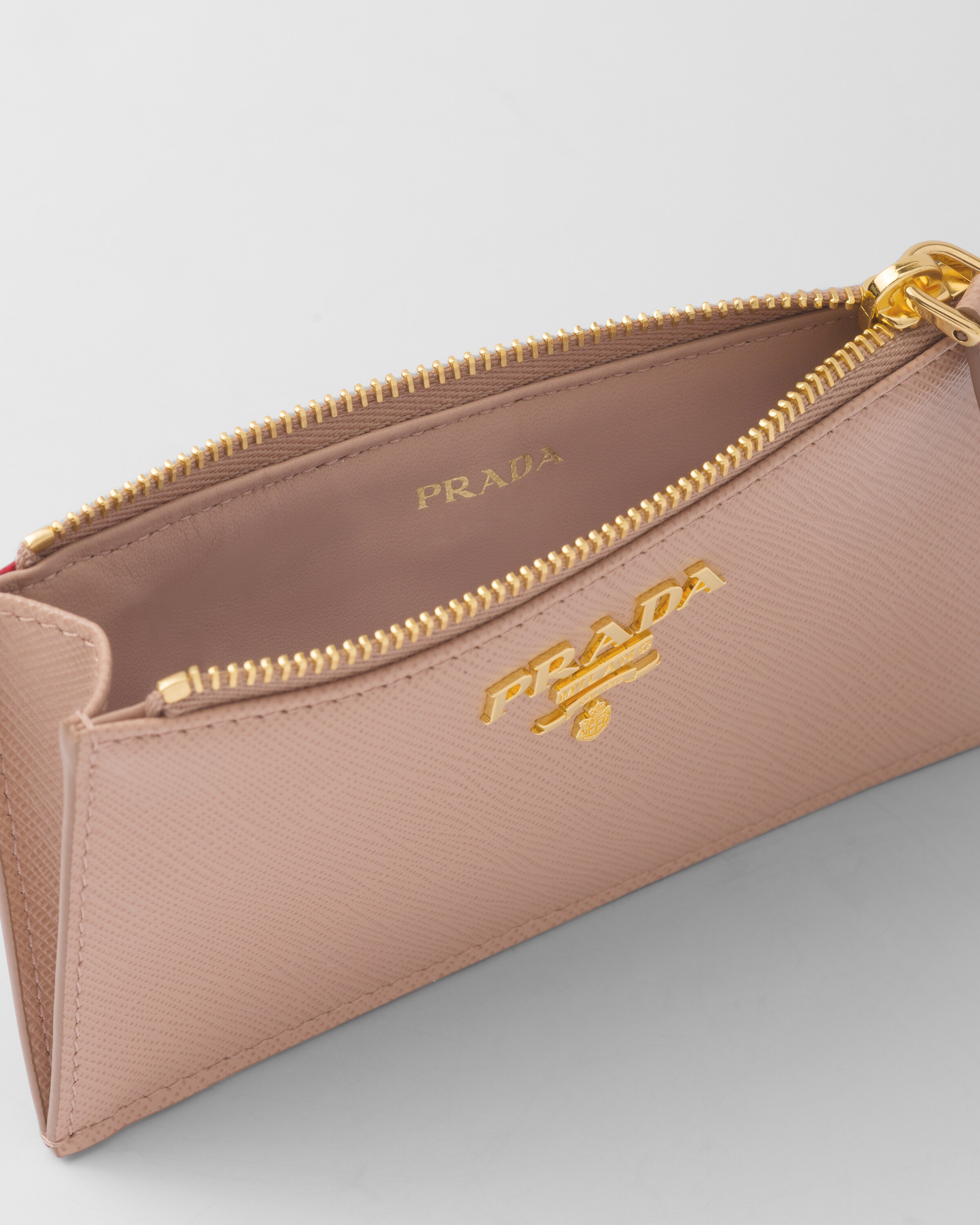 Powder Pink fiery Red Saffiano Leather Card Holder PRADA