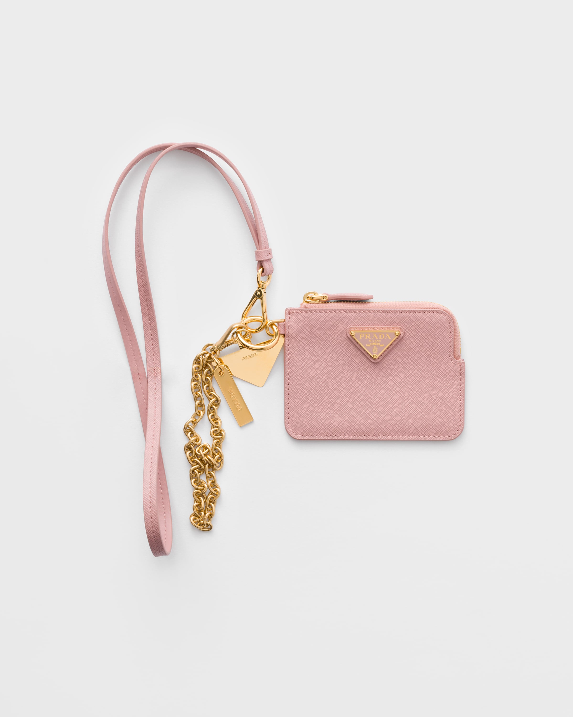 Peach Saffiano Leather Card Holder With Shoulder Strap | PRADA