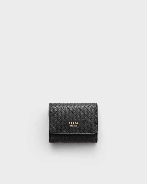 Small woven madras leather wallet - Black Small woven madras leather wallet - Black