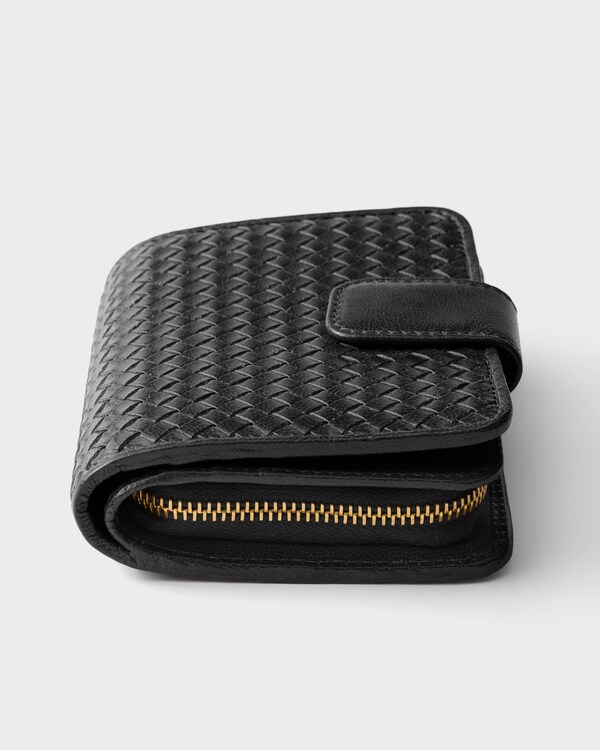 Small woven madras leather wallet - Black Small woven madras leather wallet - Black