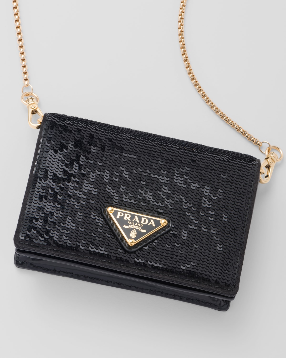 Black Sequined Card Holder With Shoulder Strap PRADA