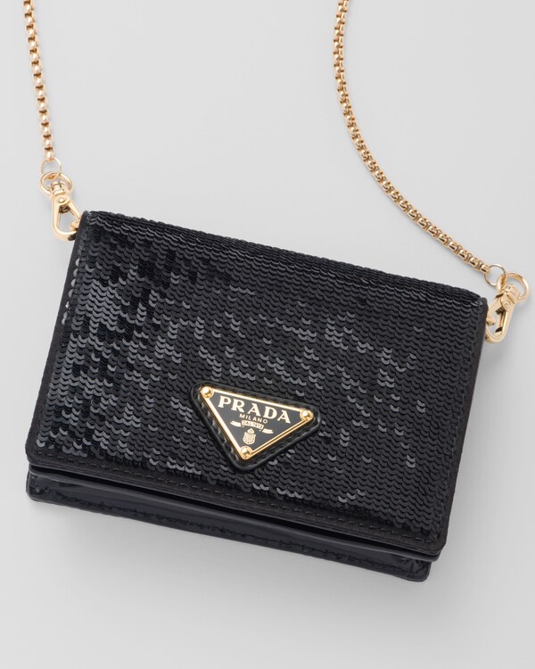 Black Sequined Card Holder With Shoulder Strap PRADA
