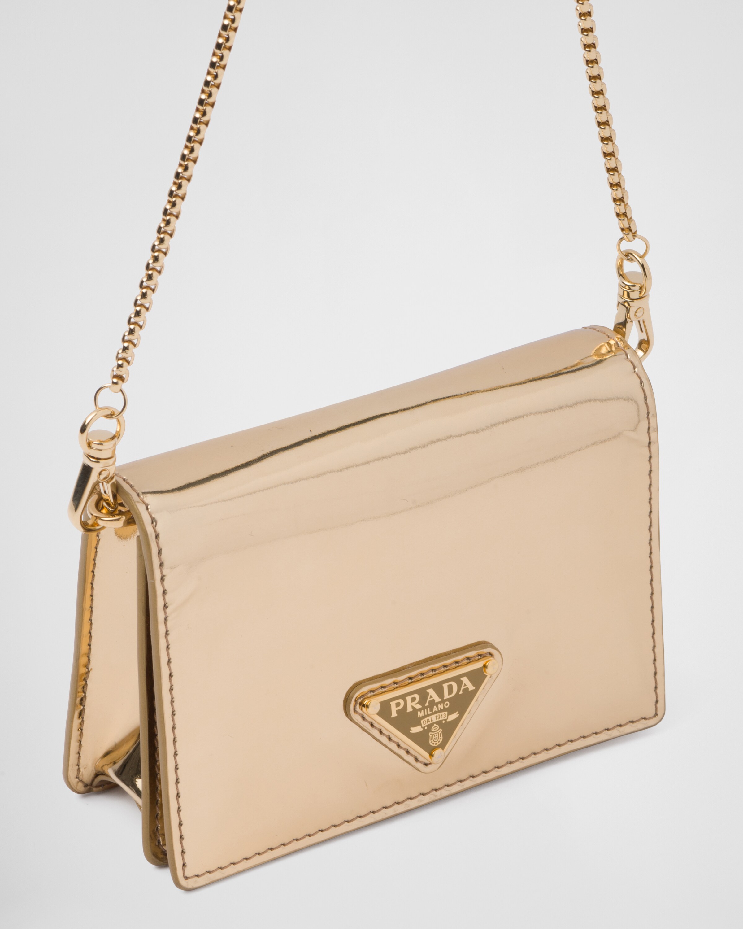 Platinum Brushed leather card holder with shoulder strap Prada