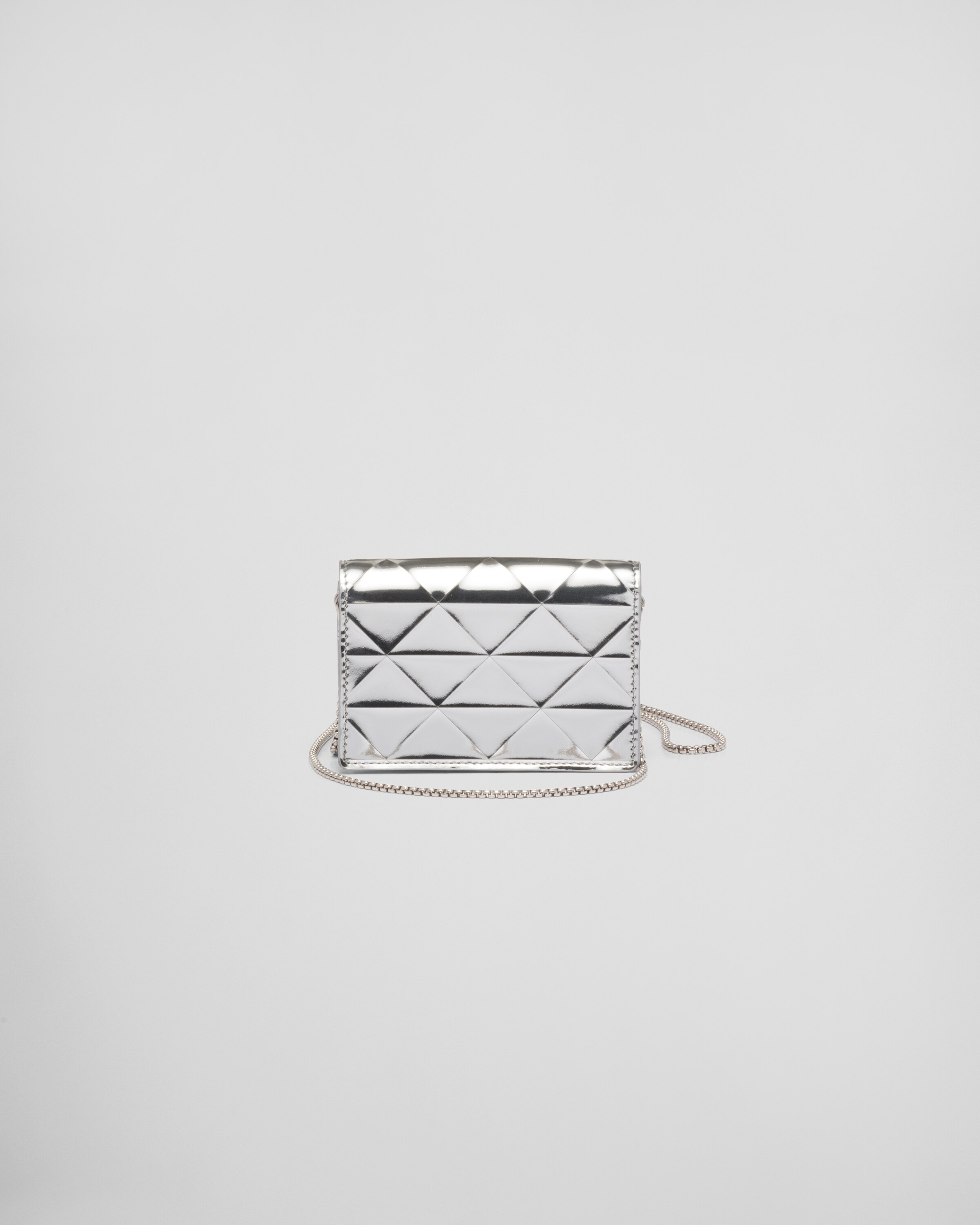 Silver Metallic leather card holder with shoulder strap Prada