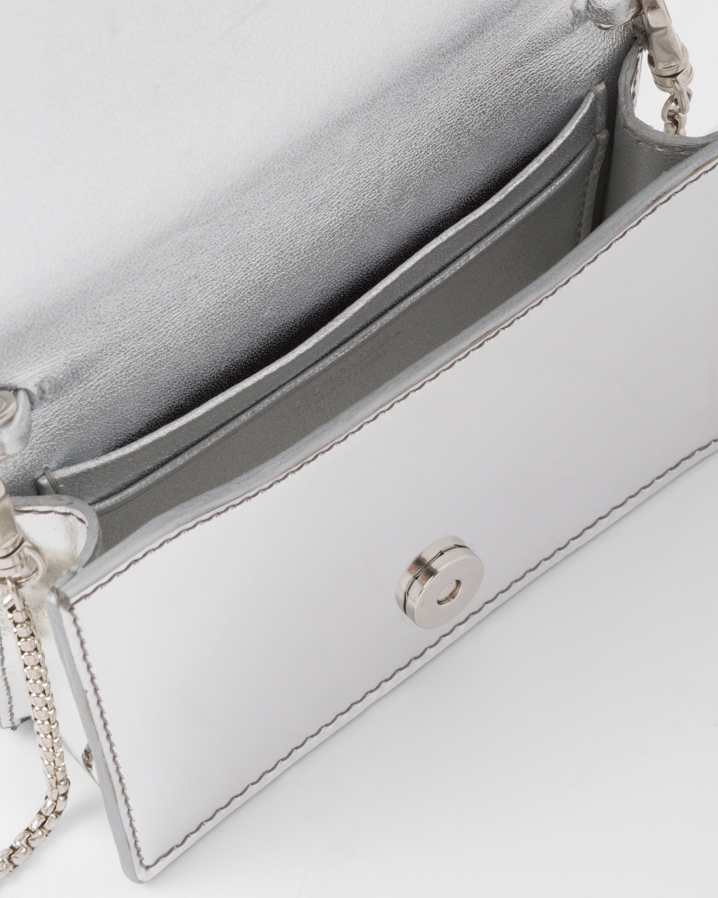 Silver Metallic leather card holder with shoulder strap Prada
