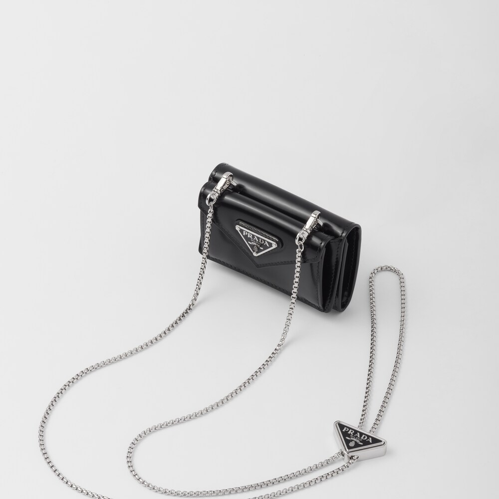 Black Brushed leather card holder with shoulder strap Prada