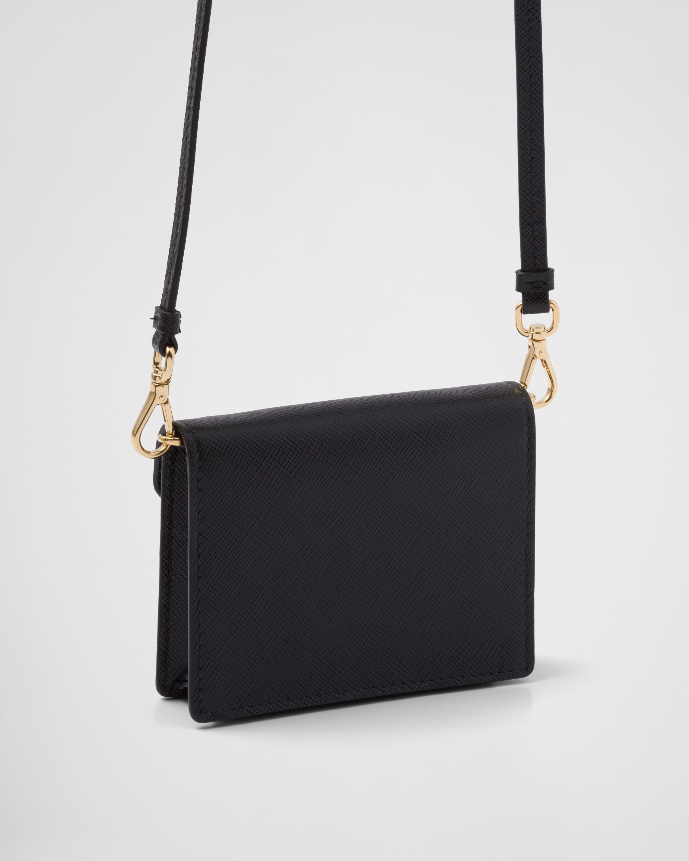 Black Saffiano leather card holder with shoulder strap | Prada