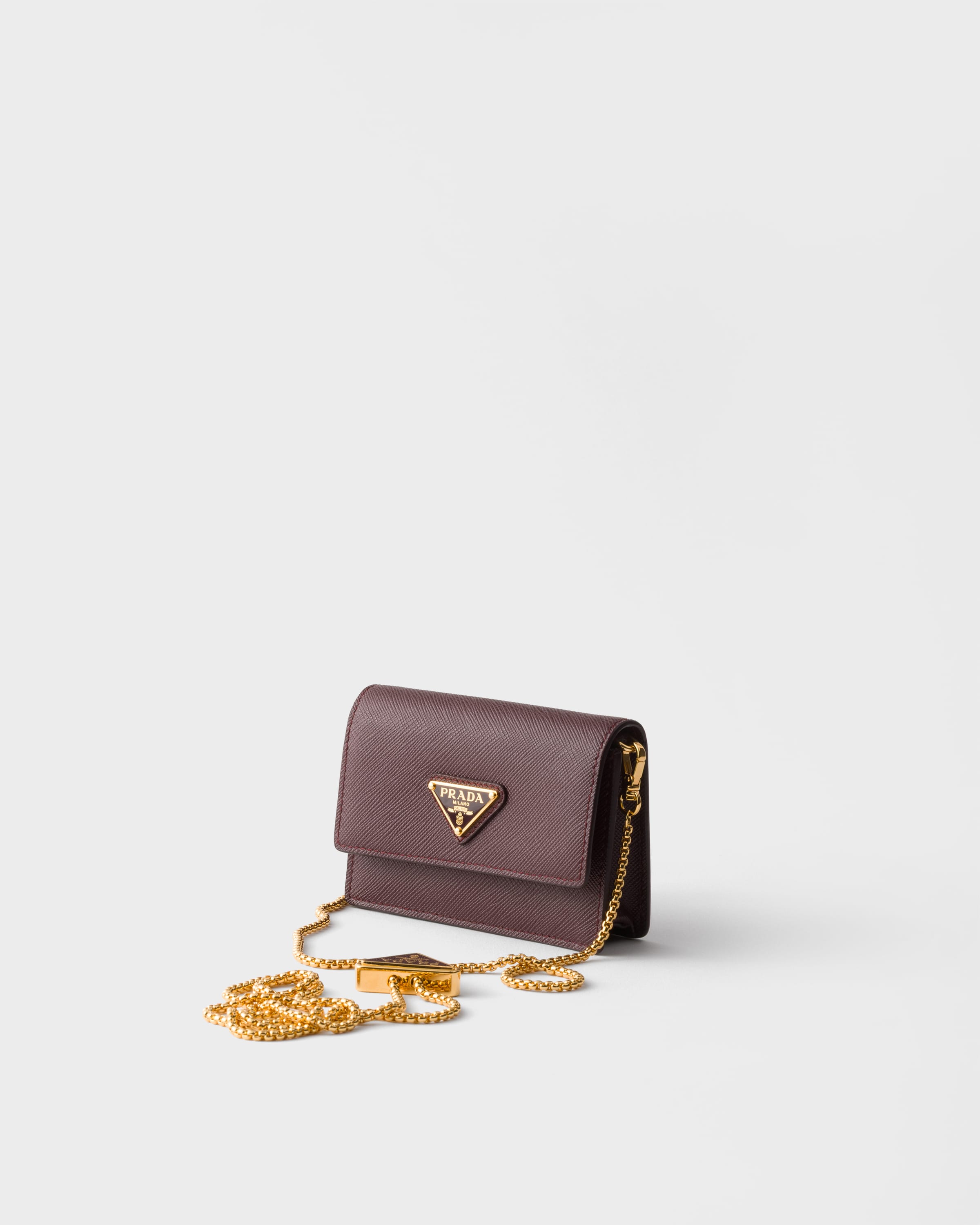 Burgundy Saffiano leather card holder with shoulder strap | PRADA