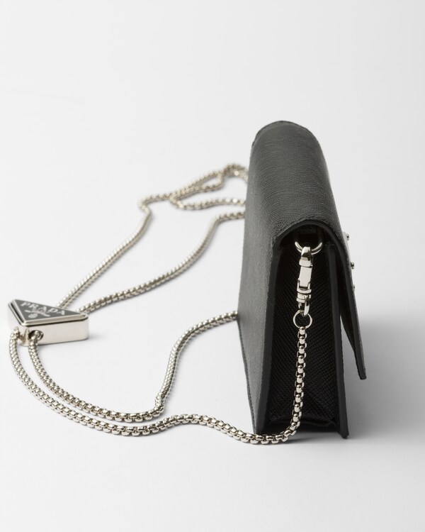 Saffiano leather card holder with shoulder strap - Black Saffiano leather card holder with shoulder strap - Black