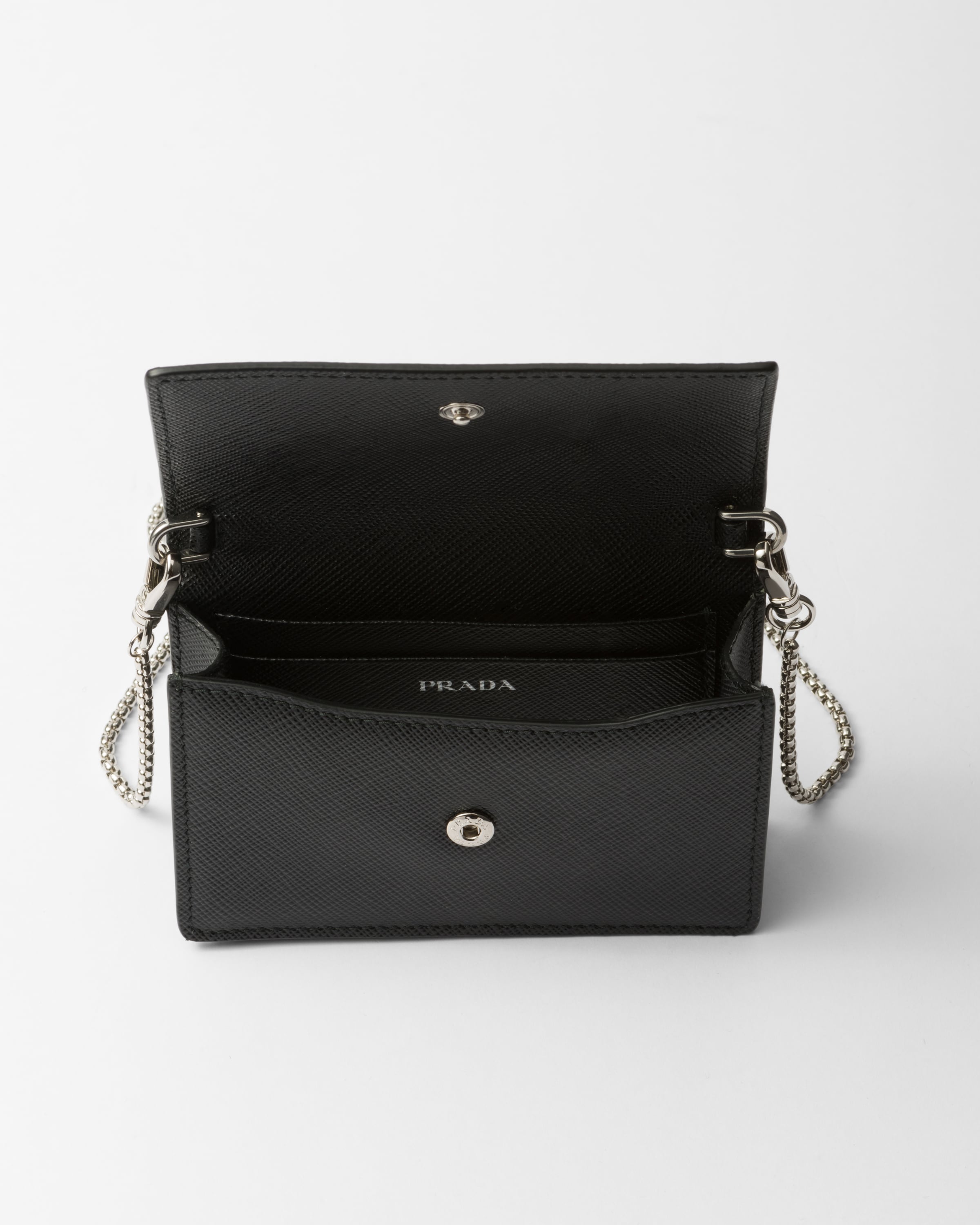 Black Saffiano leather card holder with shoulder strap | PRADA