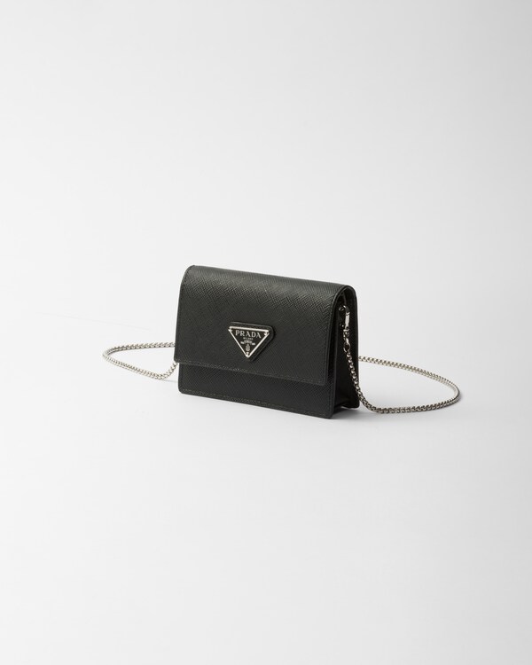 Saffiano leather card holder with shoulder strap - Black Saffiano leather card holder with shoulder strap - Black