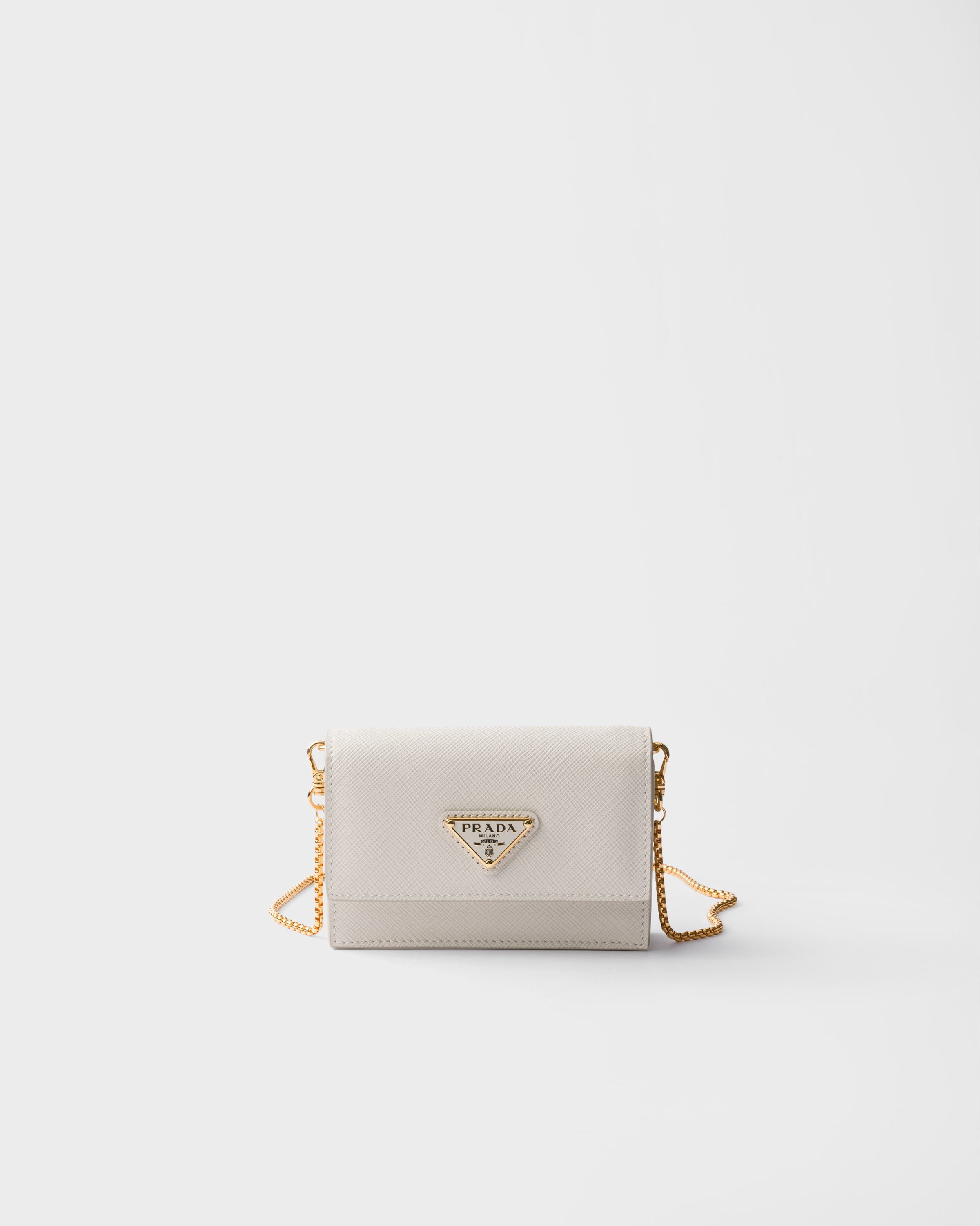 Chalk White Saffiano leather card holder with shoulder strap