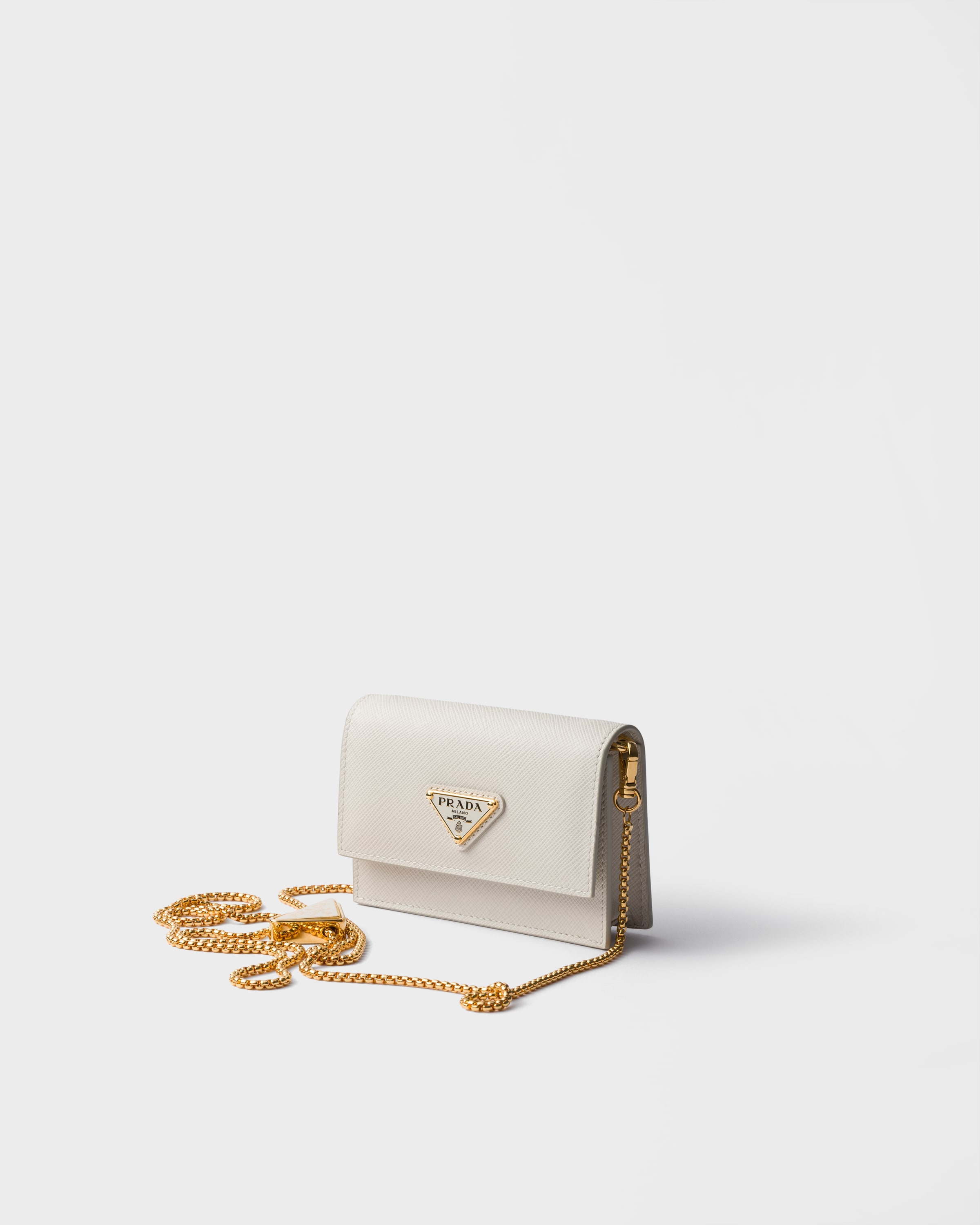 Chalk White Saffiano leather card holder with shoulder strap