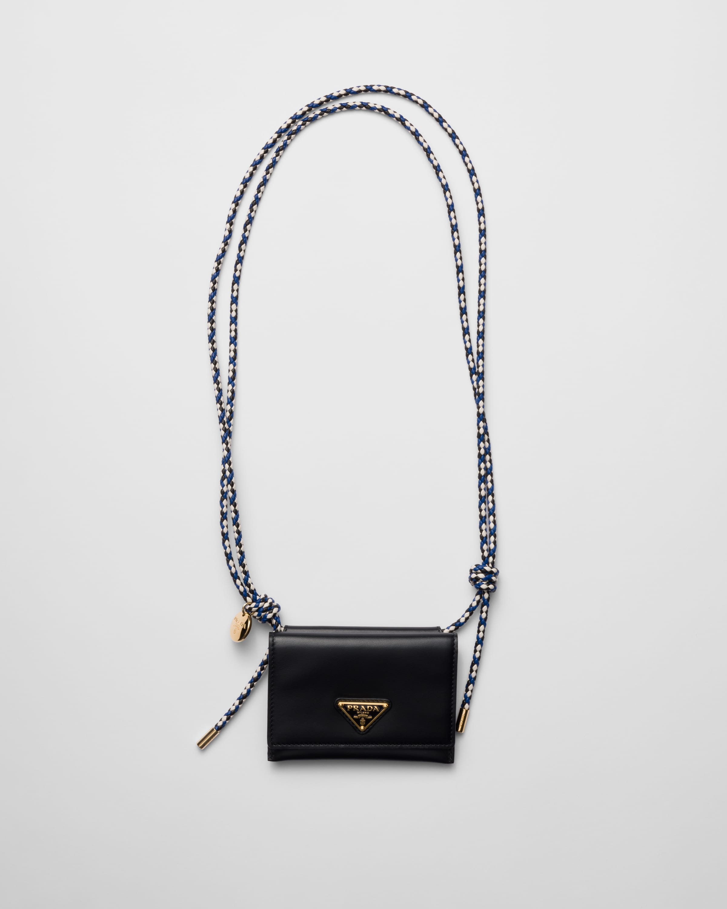 【PRADA】Brushed leather card holder with shoulder strap Prada Cardholder With Shoulder Strap And Crystals in Black