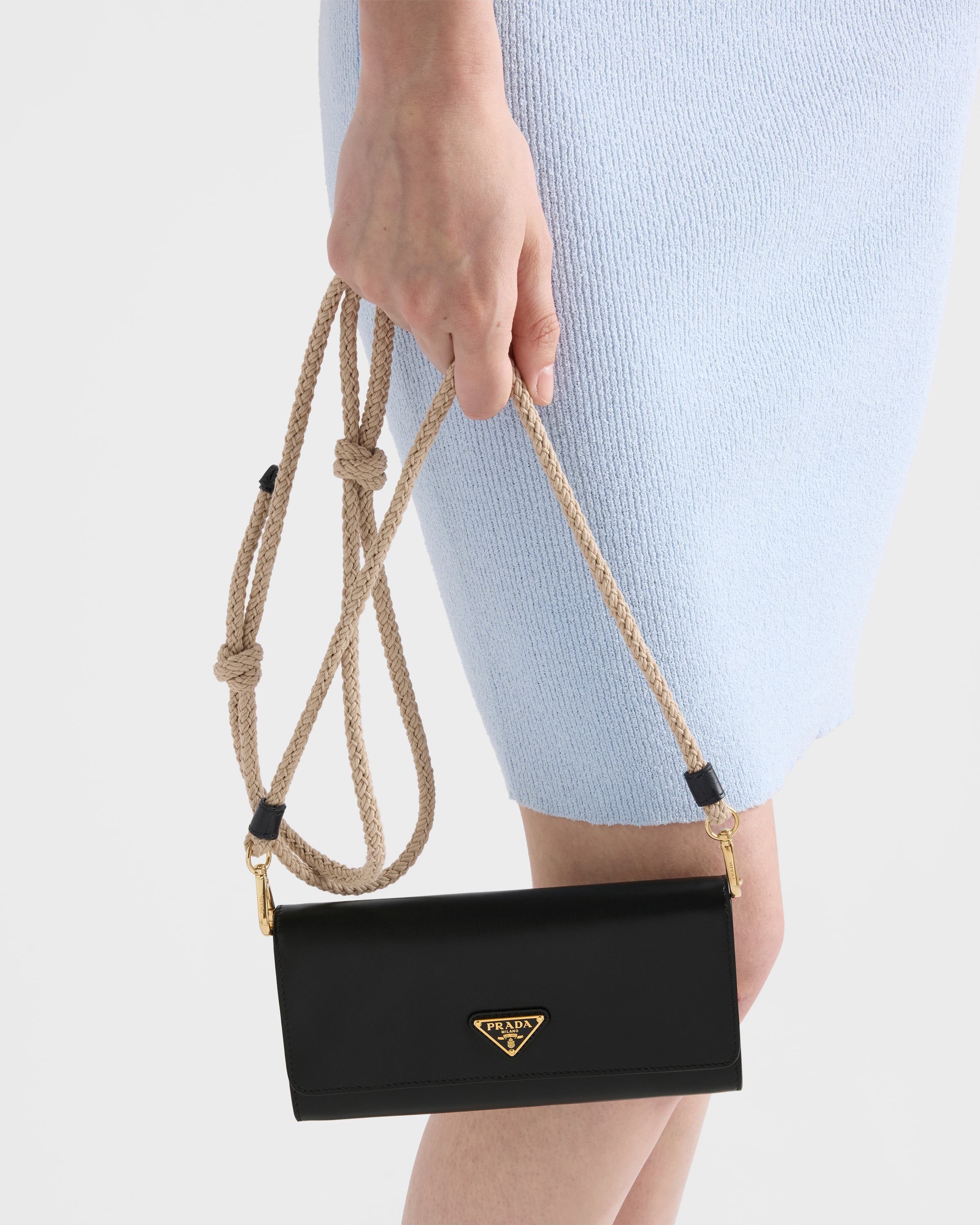 Black Leather wallet with shoulder strap | PRADA - United States