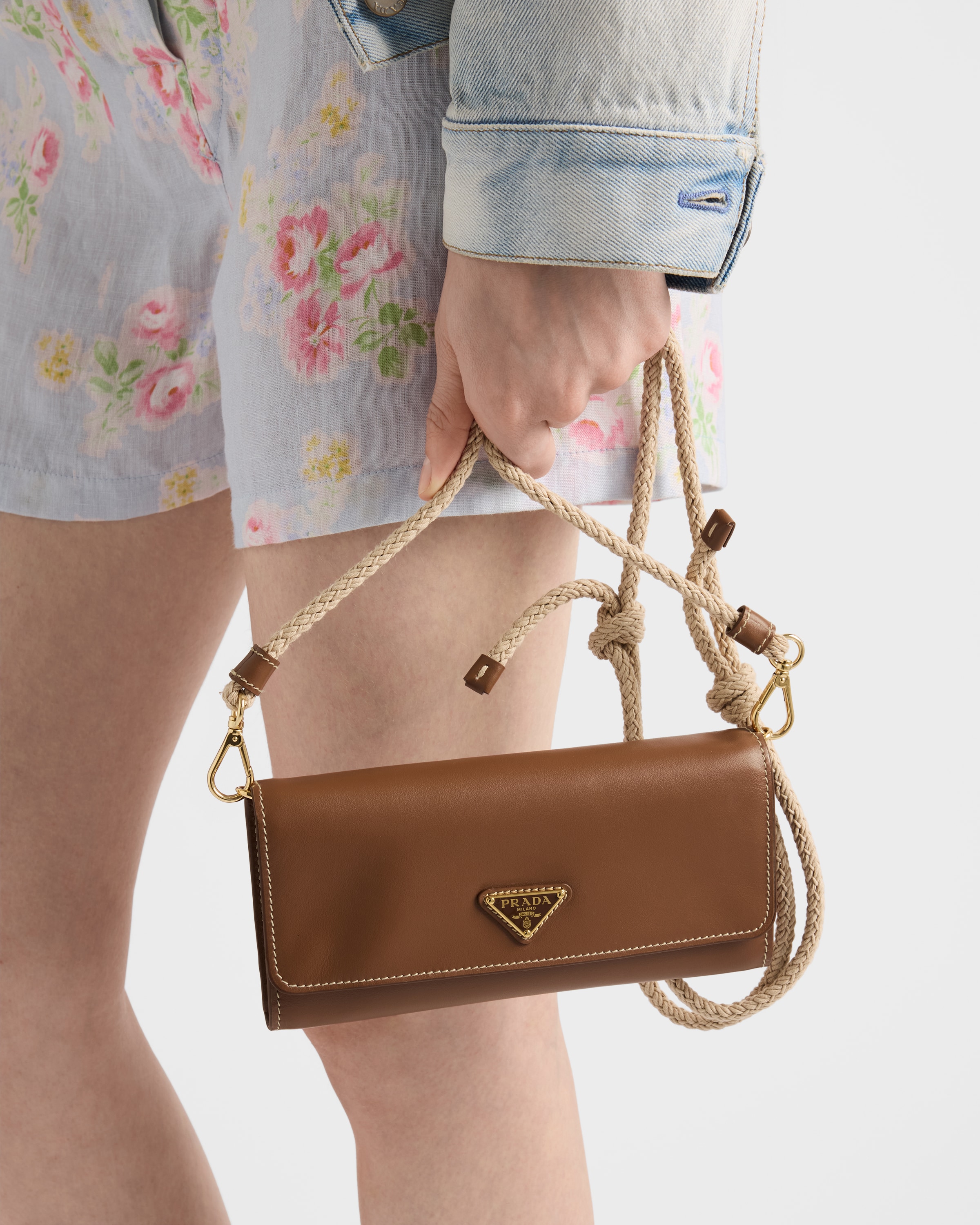 Cognac Leather wallet with shoulder strap | PRADA - United States