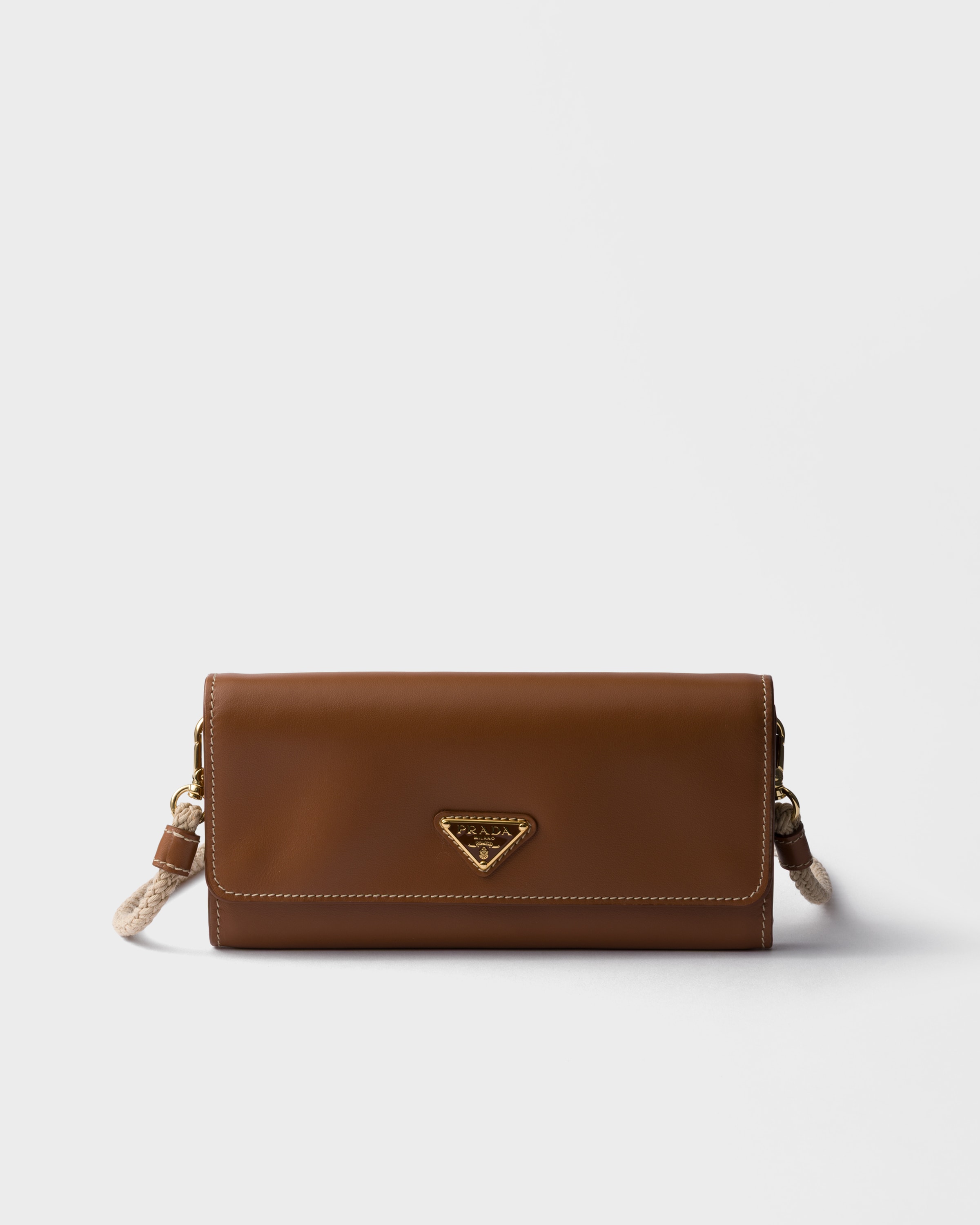 Cognac Leather wallet with shoulder strap | PRADA - United States