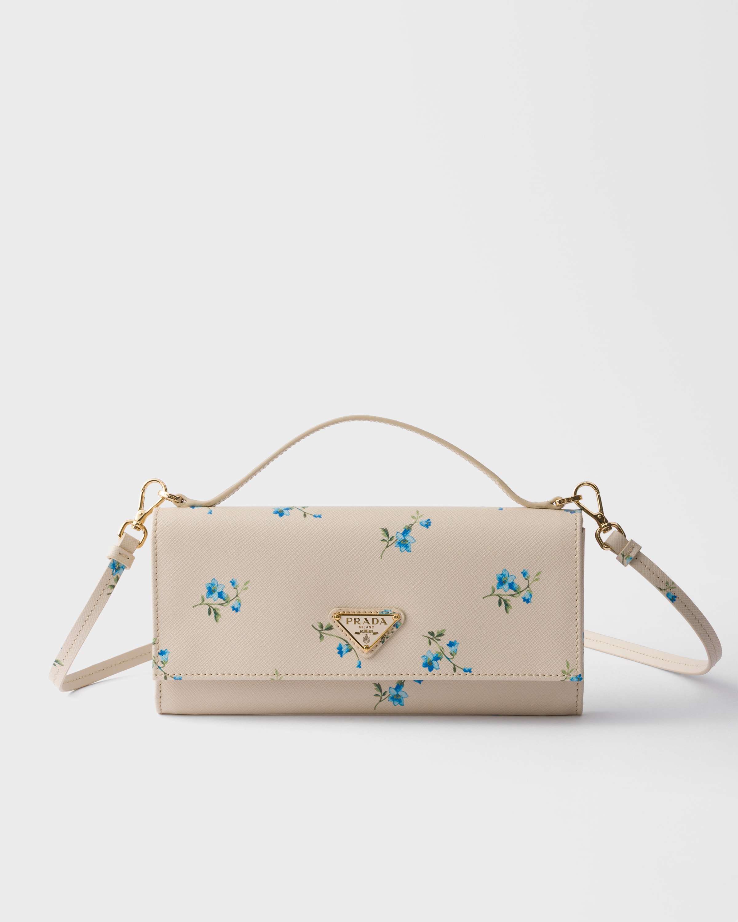 Printed Saffiano leather wallet with shoulder strap