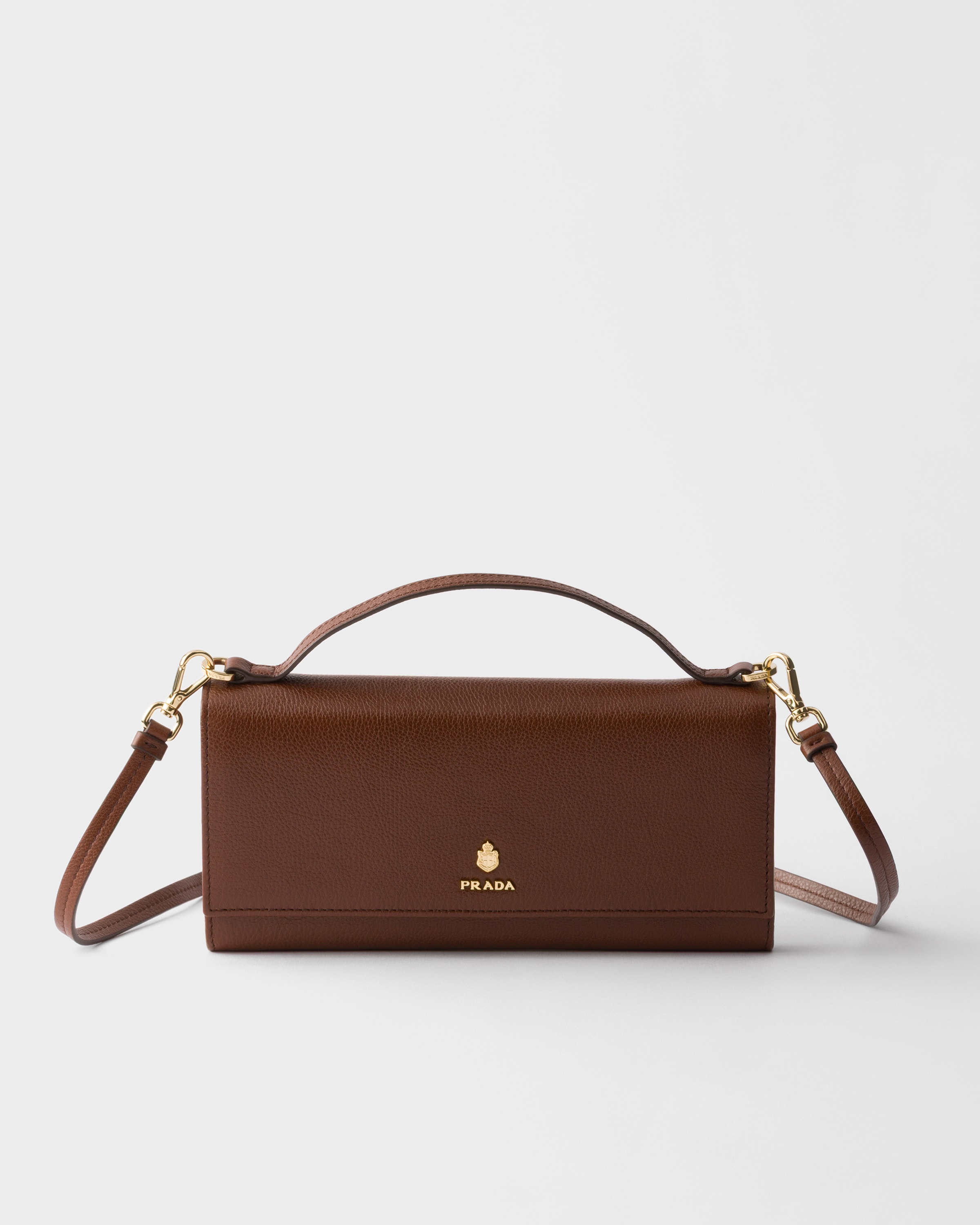 Chestnut Brown Leather Wallet With Shoulder Strap | PRADA - South