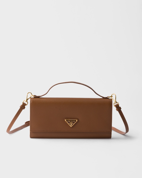 Saffiano leather wallet with shoulder strap - Cognac Saffiano leather wallet with shoulder strap - Cognac