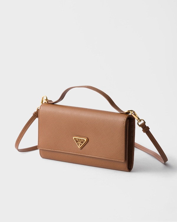 Saffiano leather wallet with shoulder strap - Cognac Saffiano leather wallet with shoulder strap - Cognac