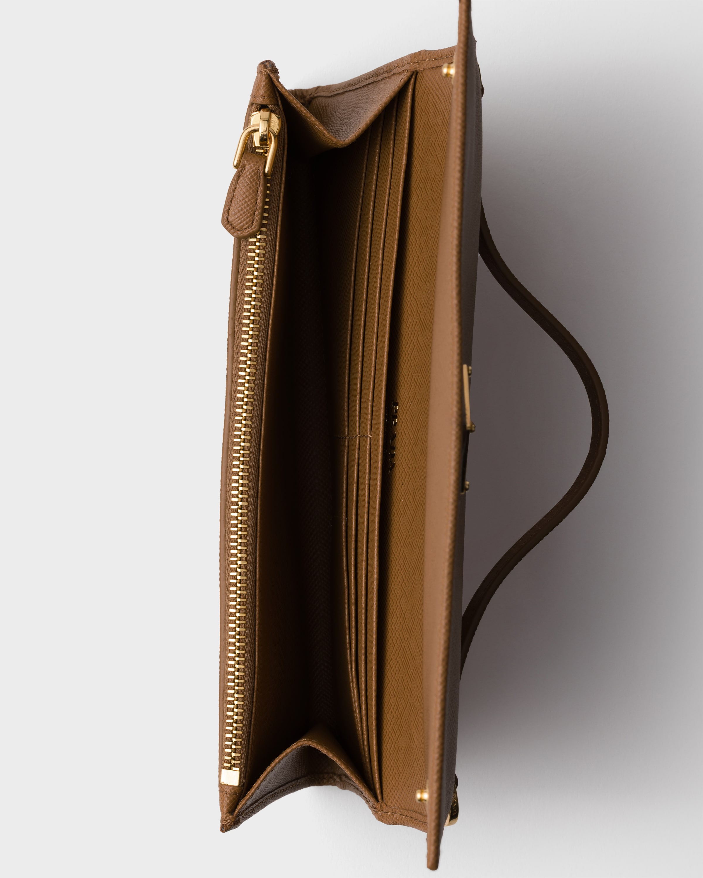 Caramel Saffiano leather wallet with shoulder strap | PRADA