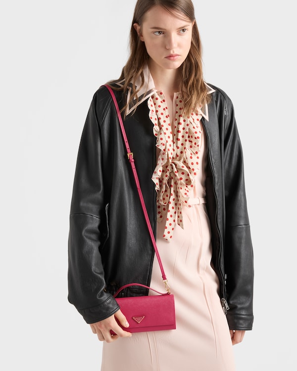 Saffiano leather wallet with shoulder strap - Peony Pink Saffiano leather wallet with shoulder strap - Peony Pink