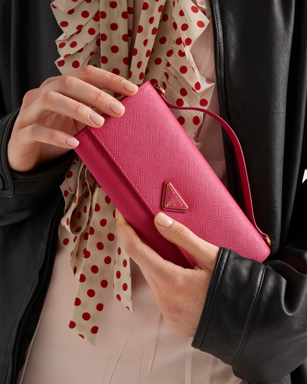Saffiano leather wallet with shoulder strap - Peony Pink Saffiano leather wallet with shoulder strap - Peony Pink