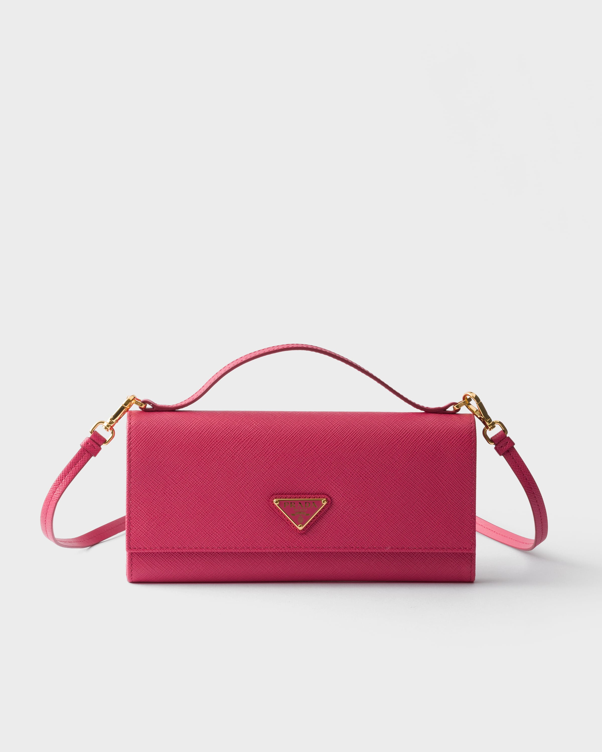 Peony Pink Saffiano Leather Wallet With Shoulder Strap | PRADA