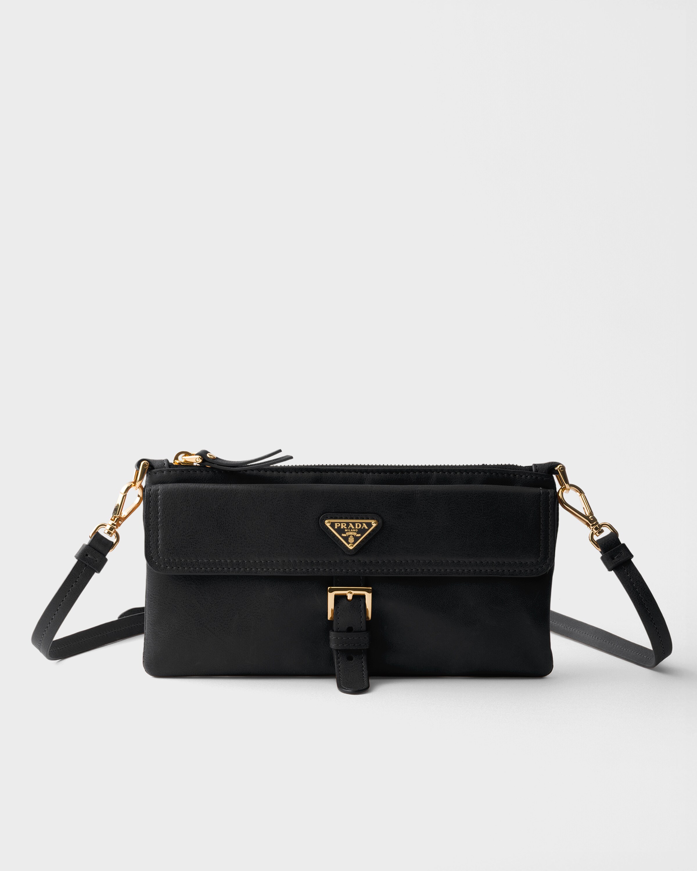 Prada Nappa Leather Wallet With Shoulder Strap, Woman, Black