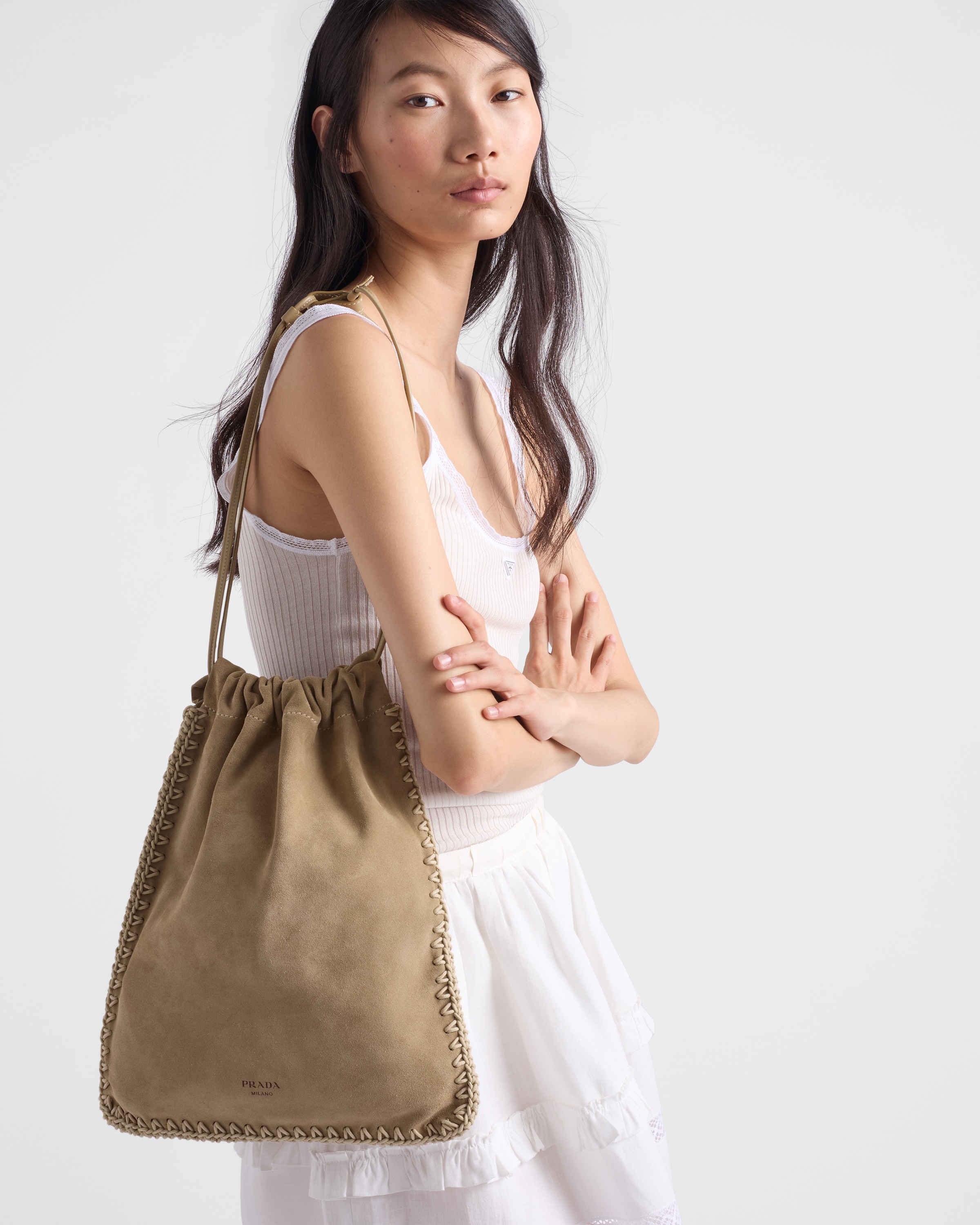 Desert Beige Prada Wish suede pouch | PRADA - United States
