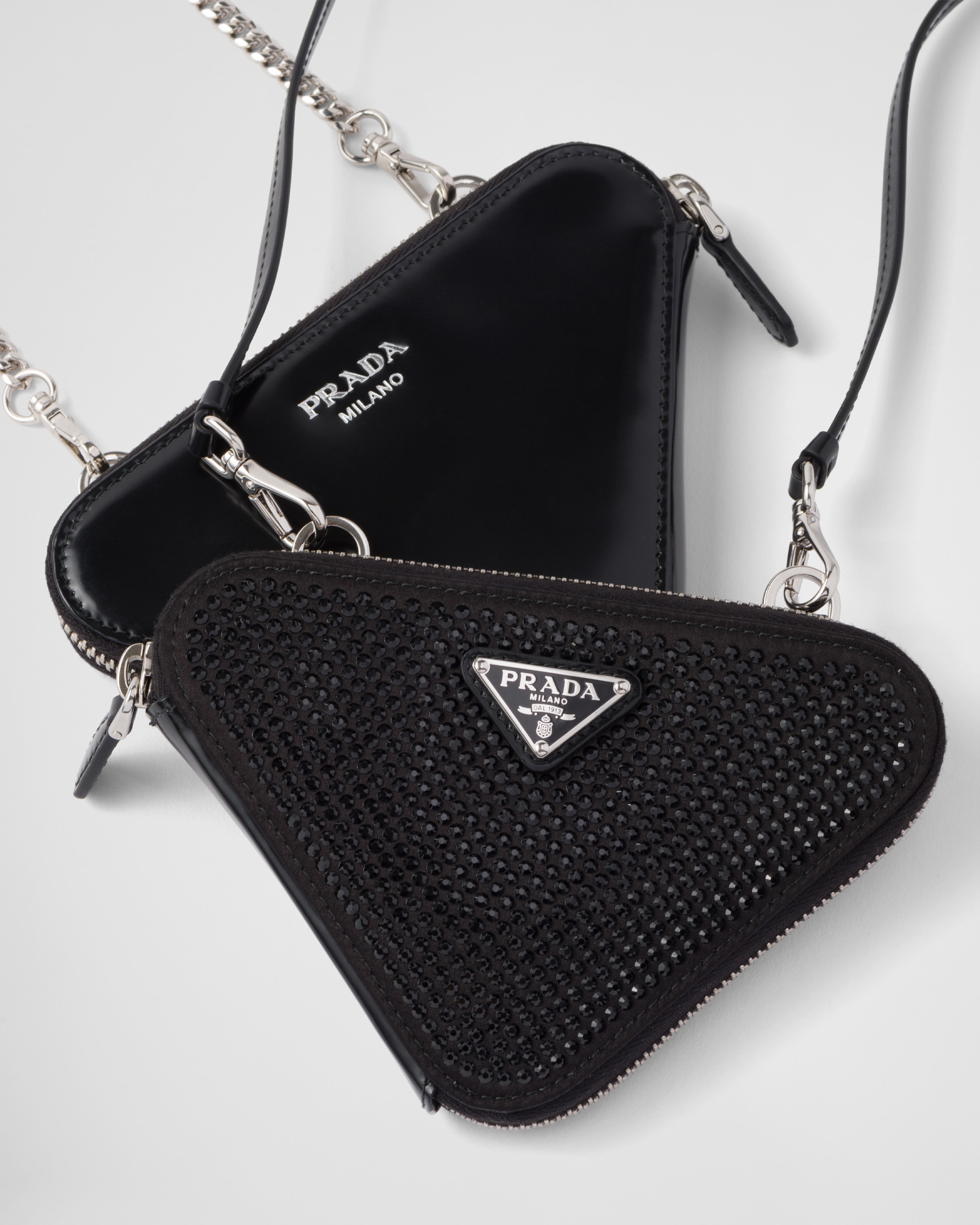 Black Triangular Embellished Satin And Leather Mini pouch PRADA