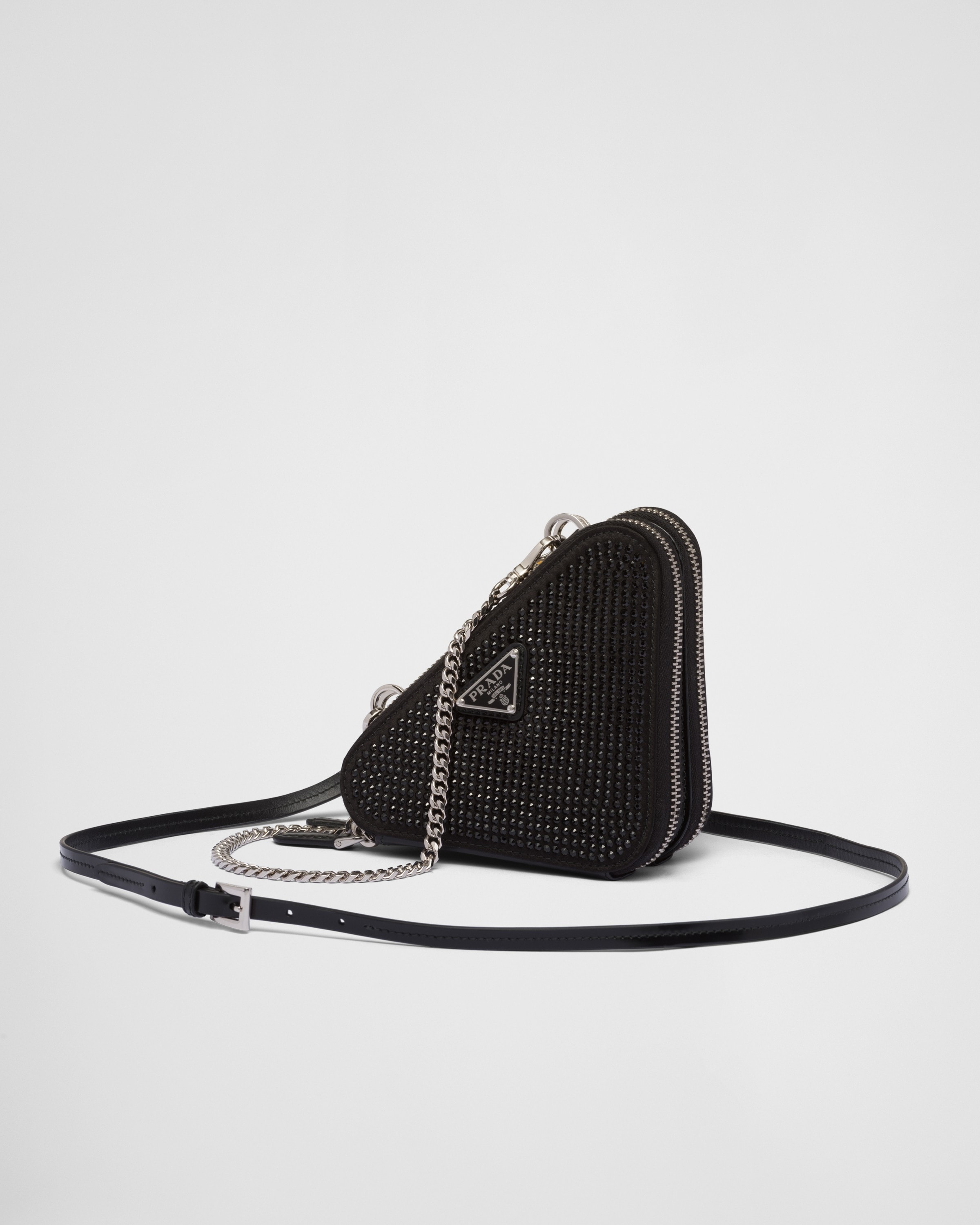 Black Triangular Embellished Satin And Leather Mini pouch PRADA