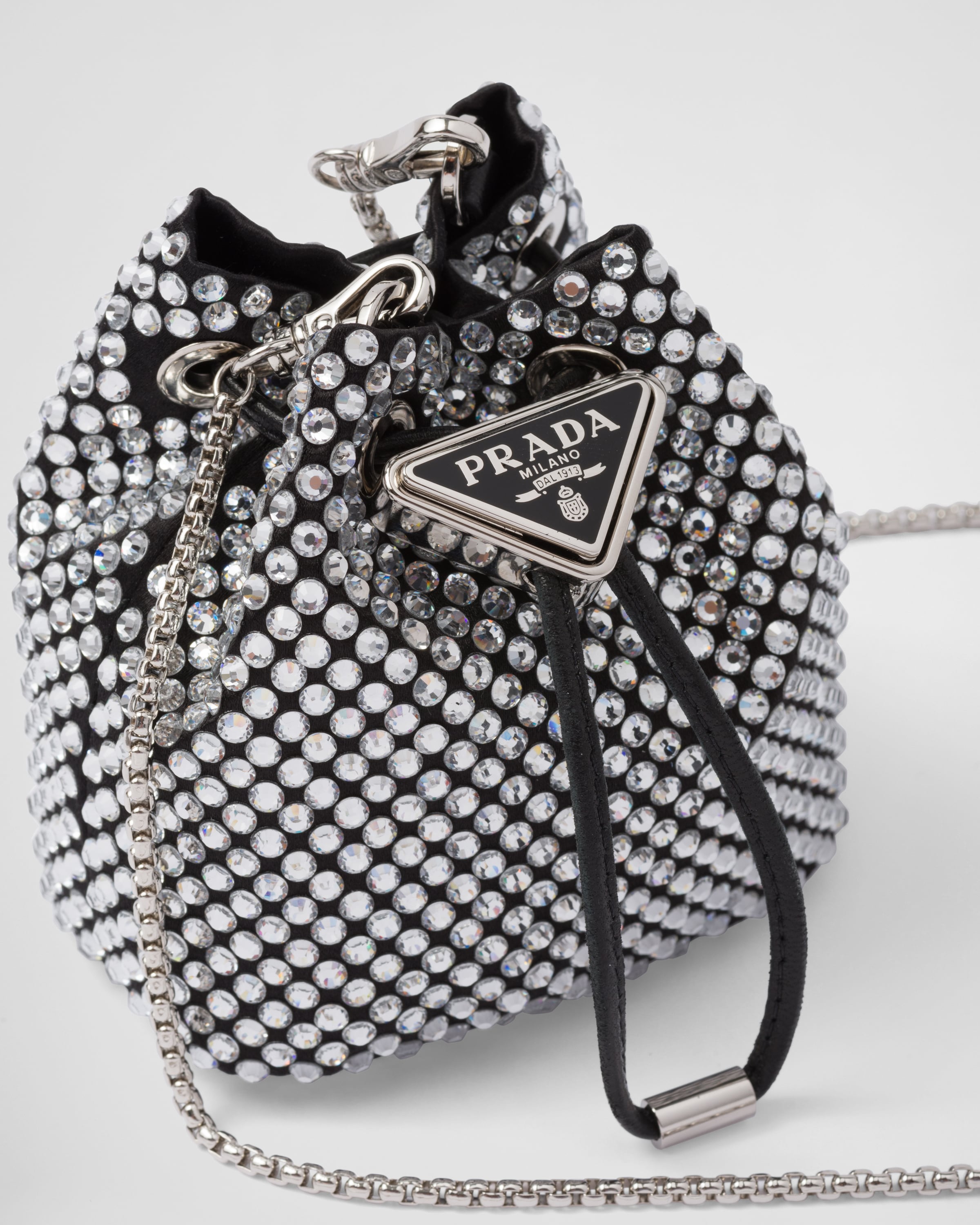 Triangle Embellished Satin Pouch in Silver - Prada